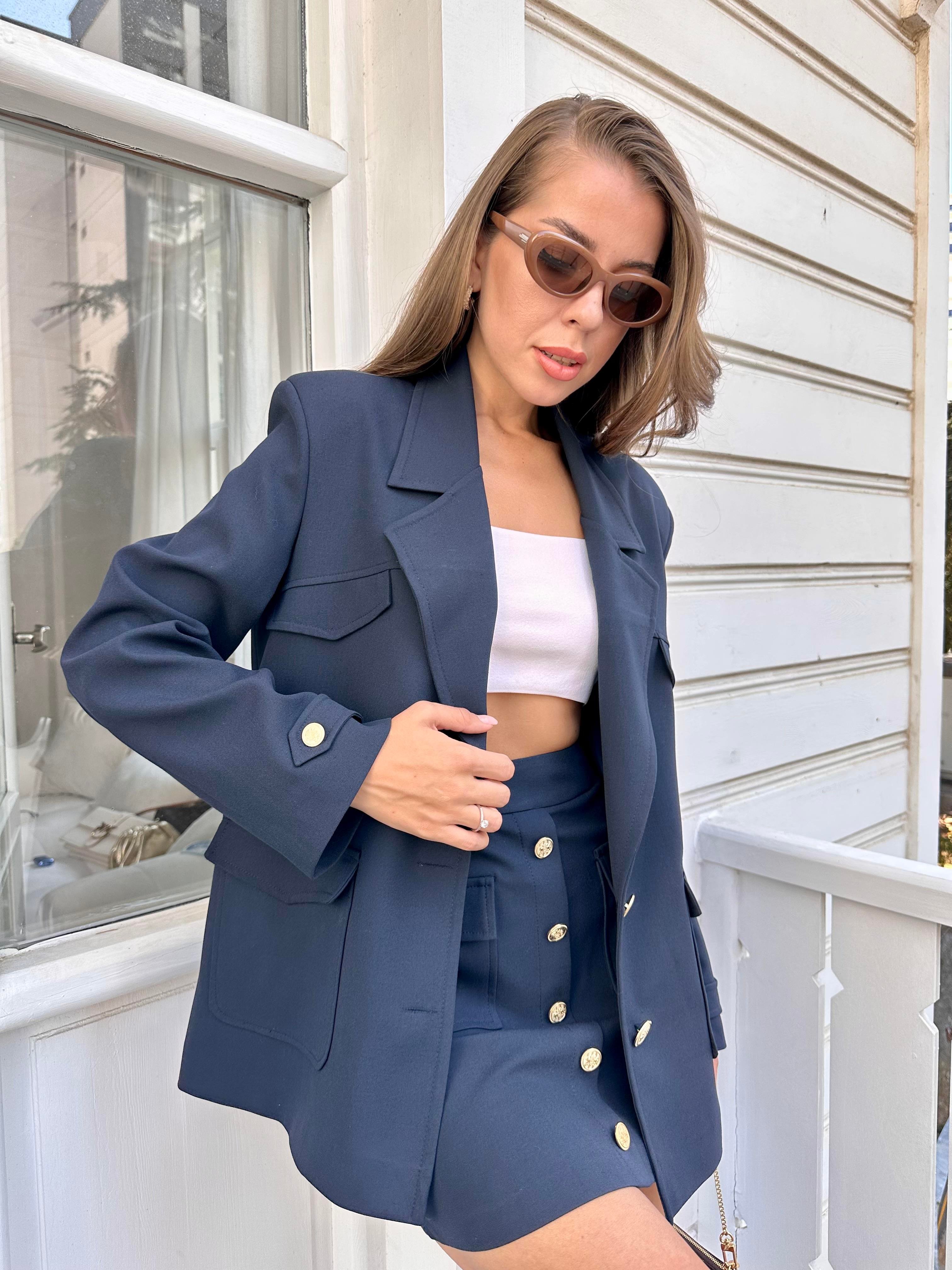 Lacivert Cep Detaylı Oversize Ceket