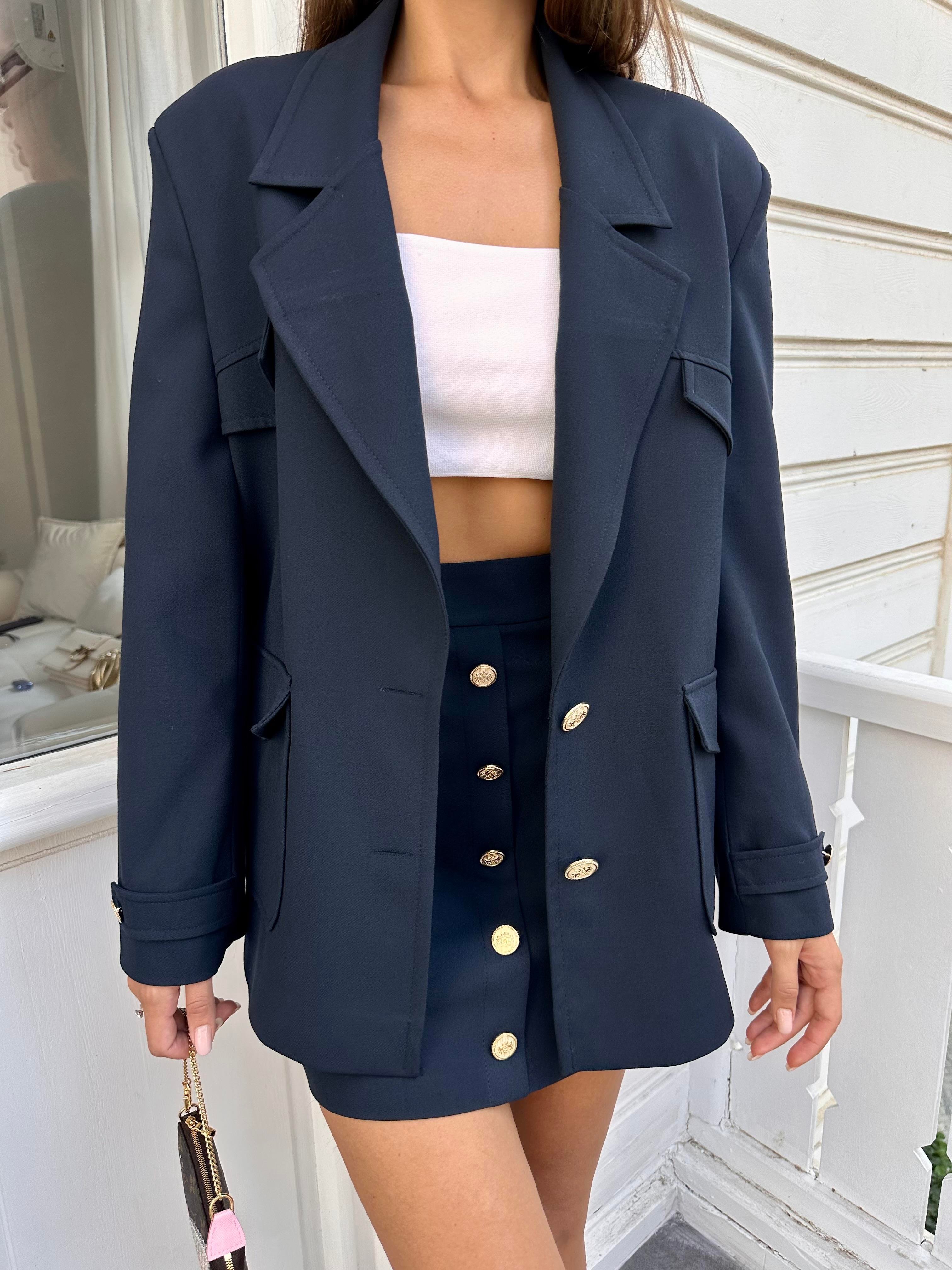 Lacivert Cep Detaylı Oversize Ceket