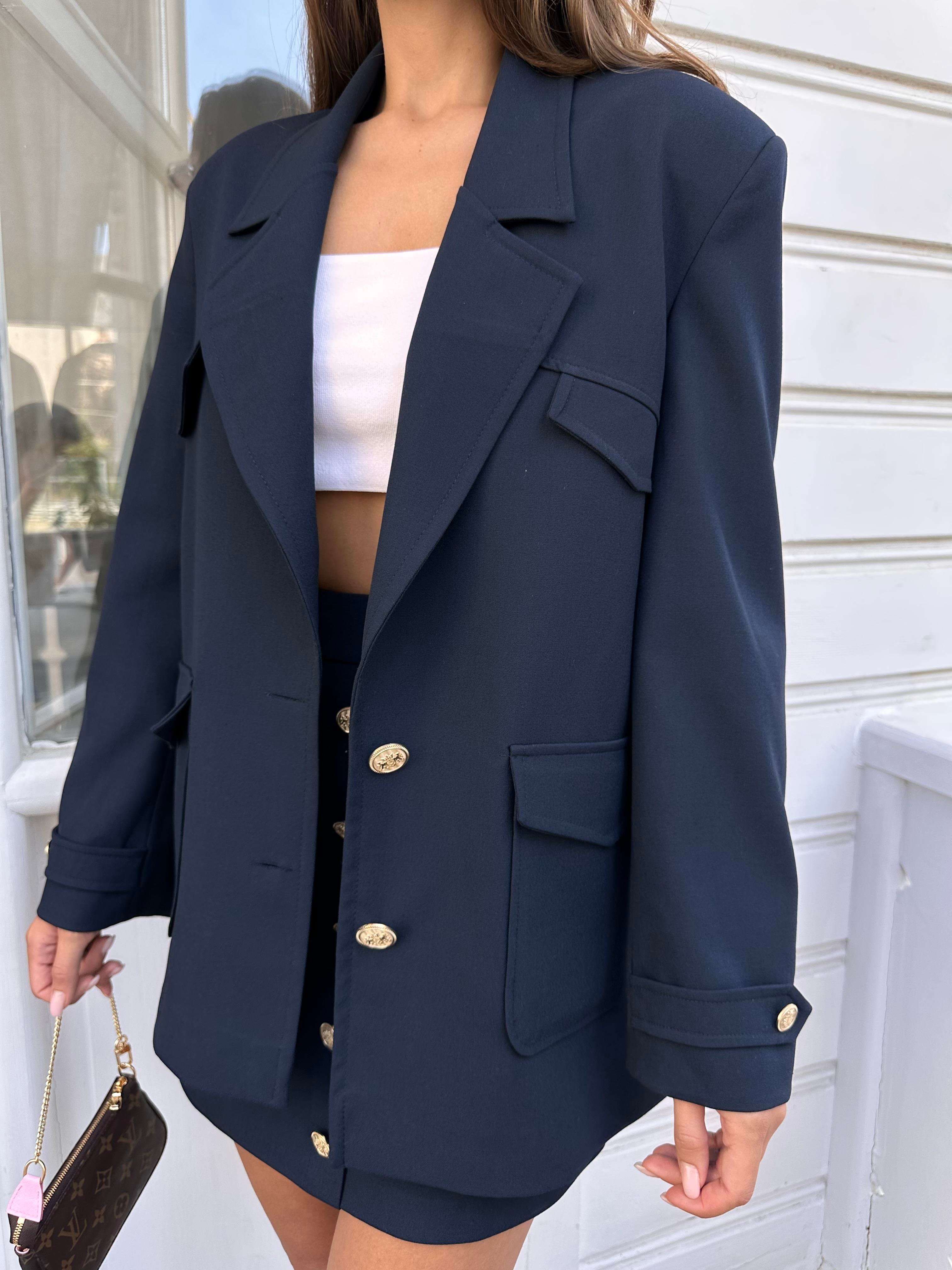 Lacivert Cep Detaylı Oversize Ceket