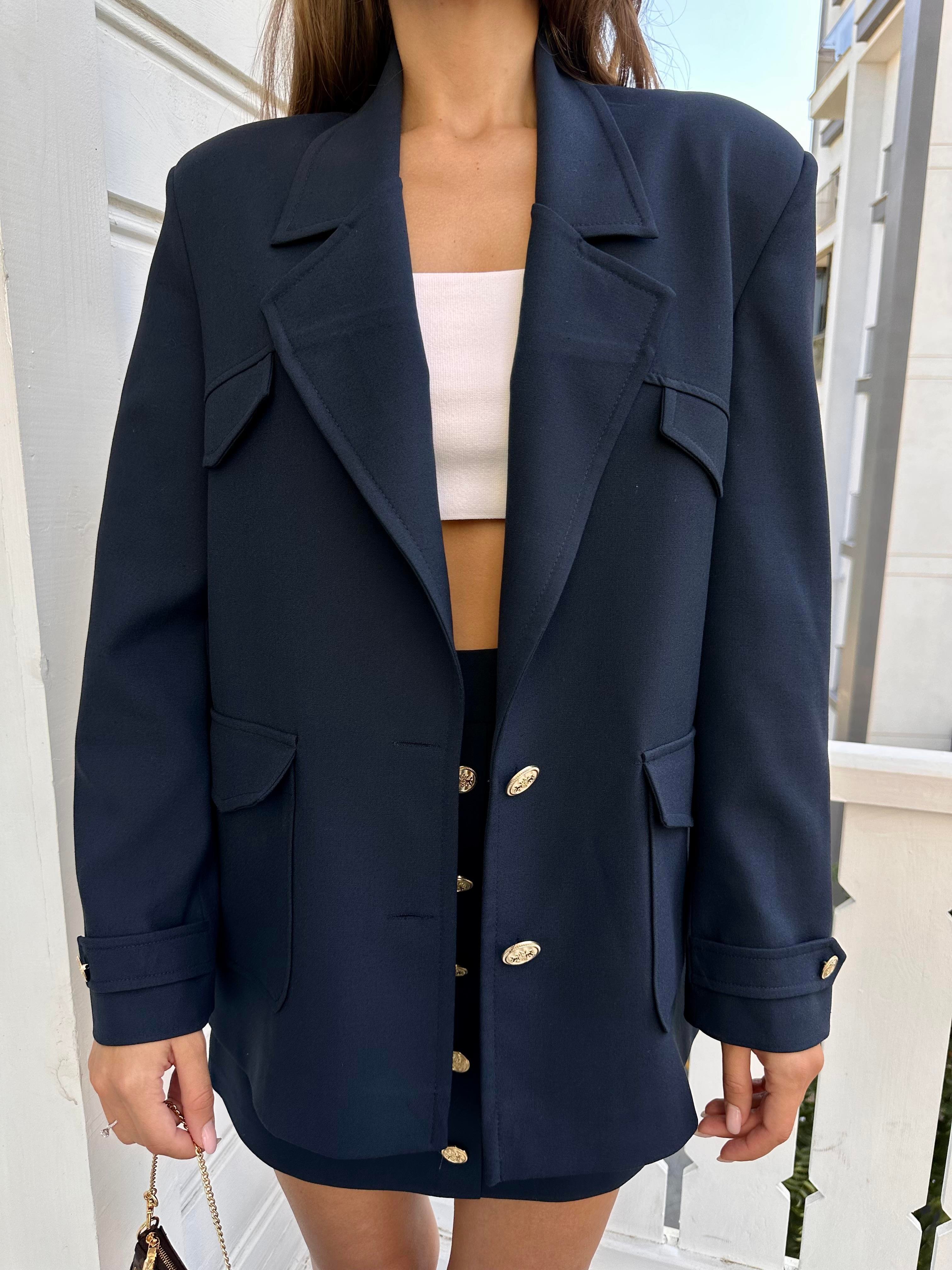 Lacivert Cep Detaylı Oversize Ceket