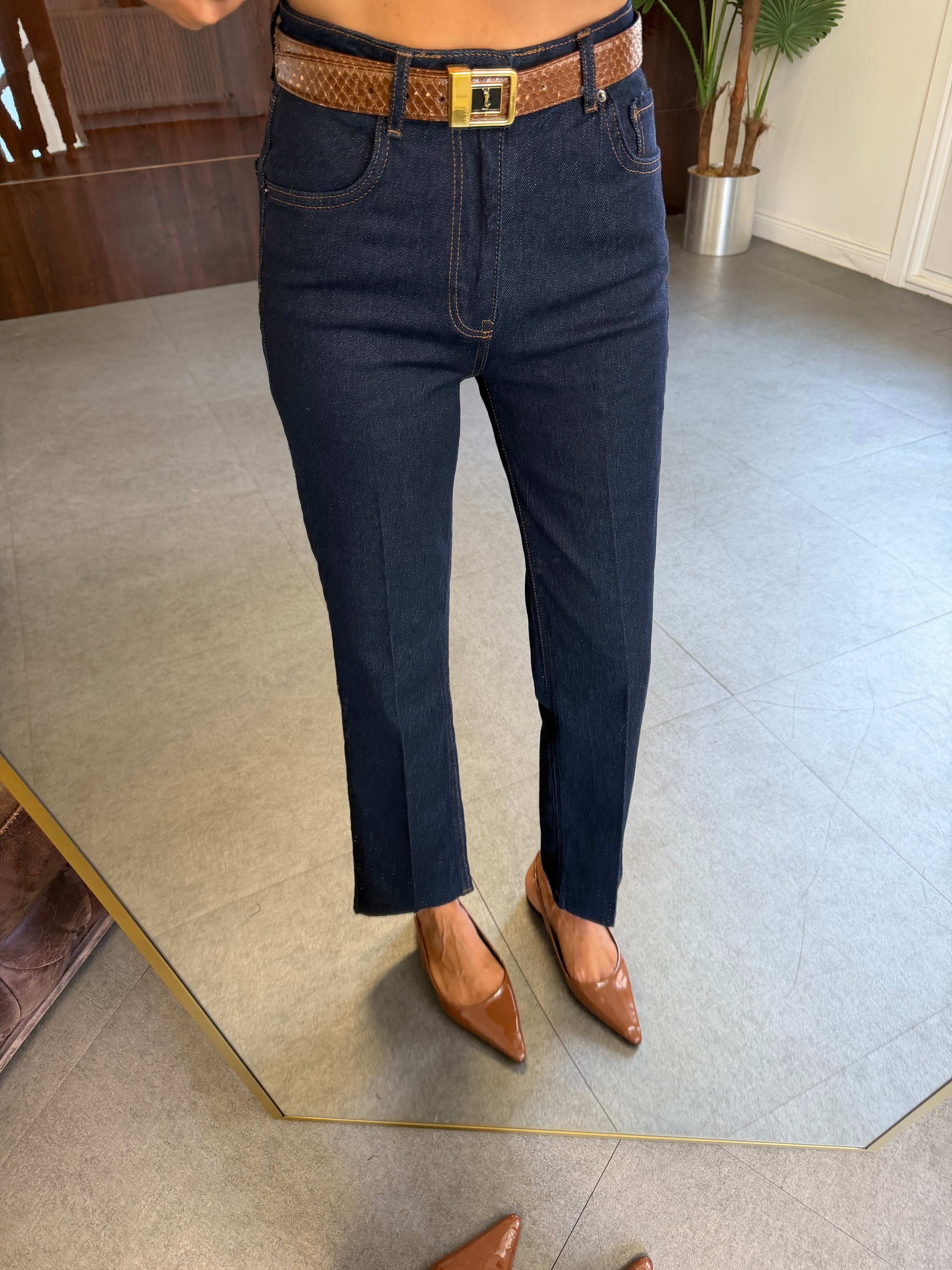 Lacivert Çizgi Ütü Straight Jean Pantolon
