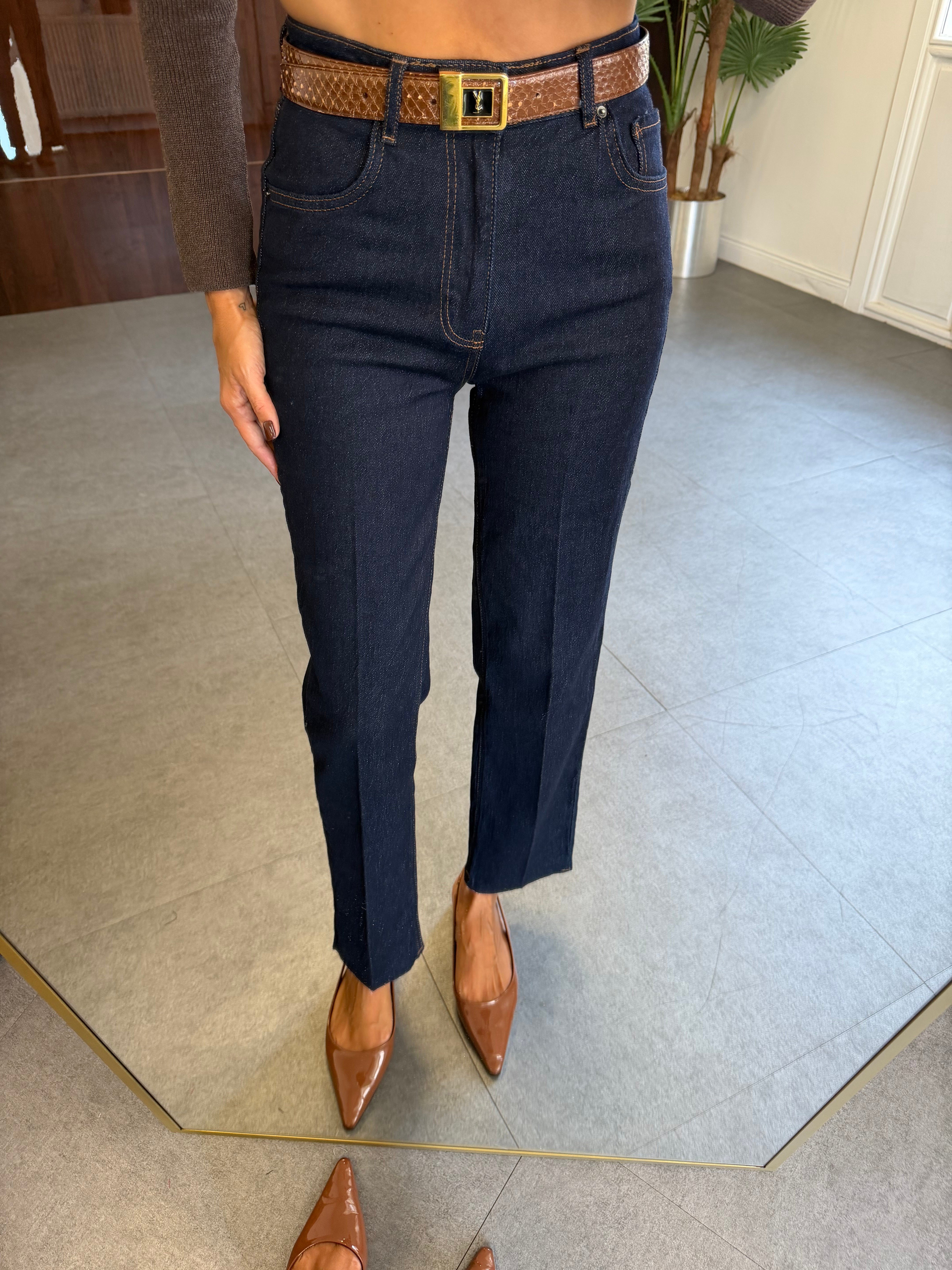 Lacivert Çizgi Ütü Straight Jean Pantolon