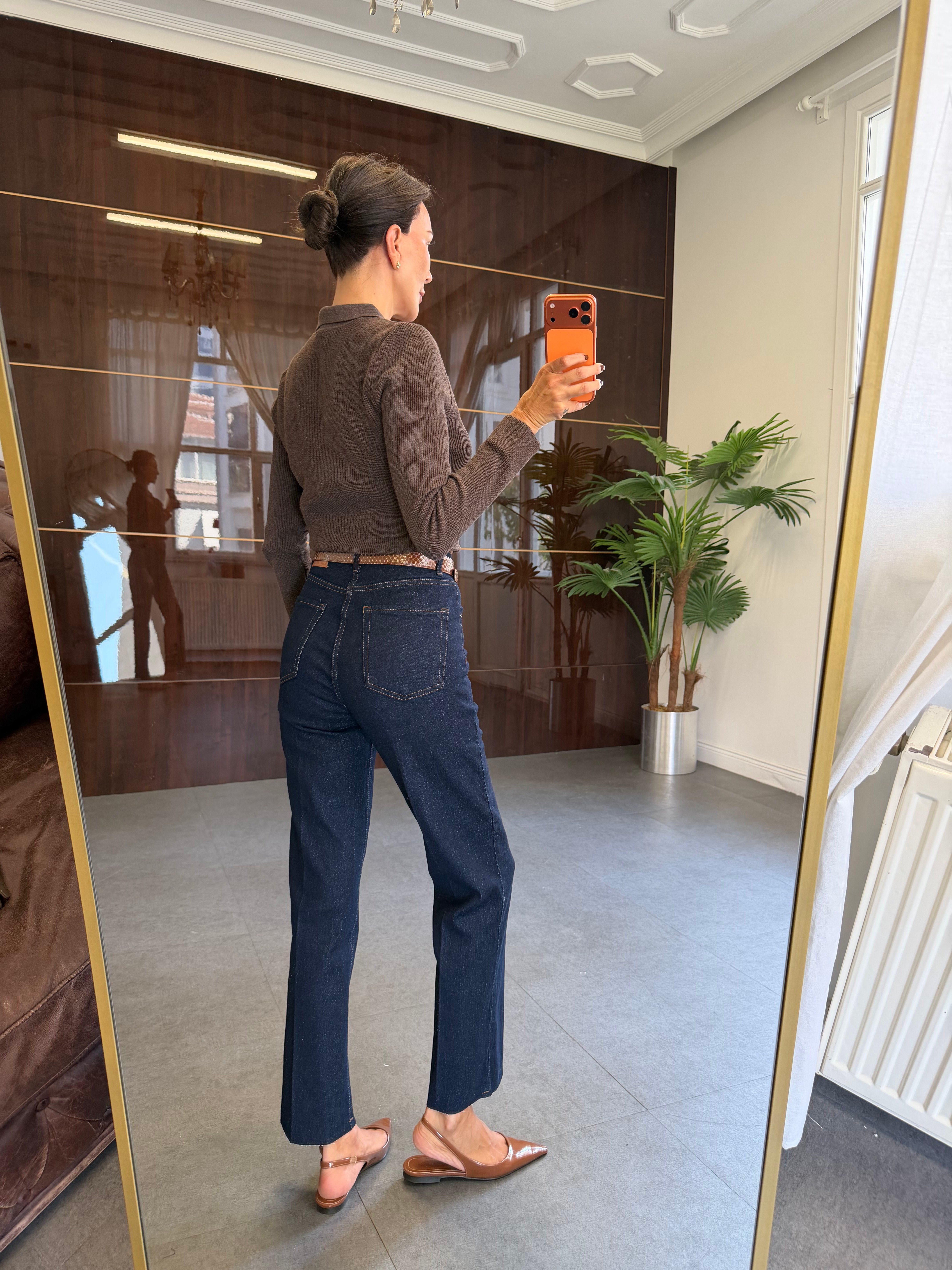 Lacivert Çizgi Ütü Straight Jean Pantolon