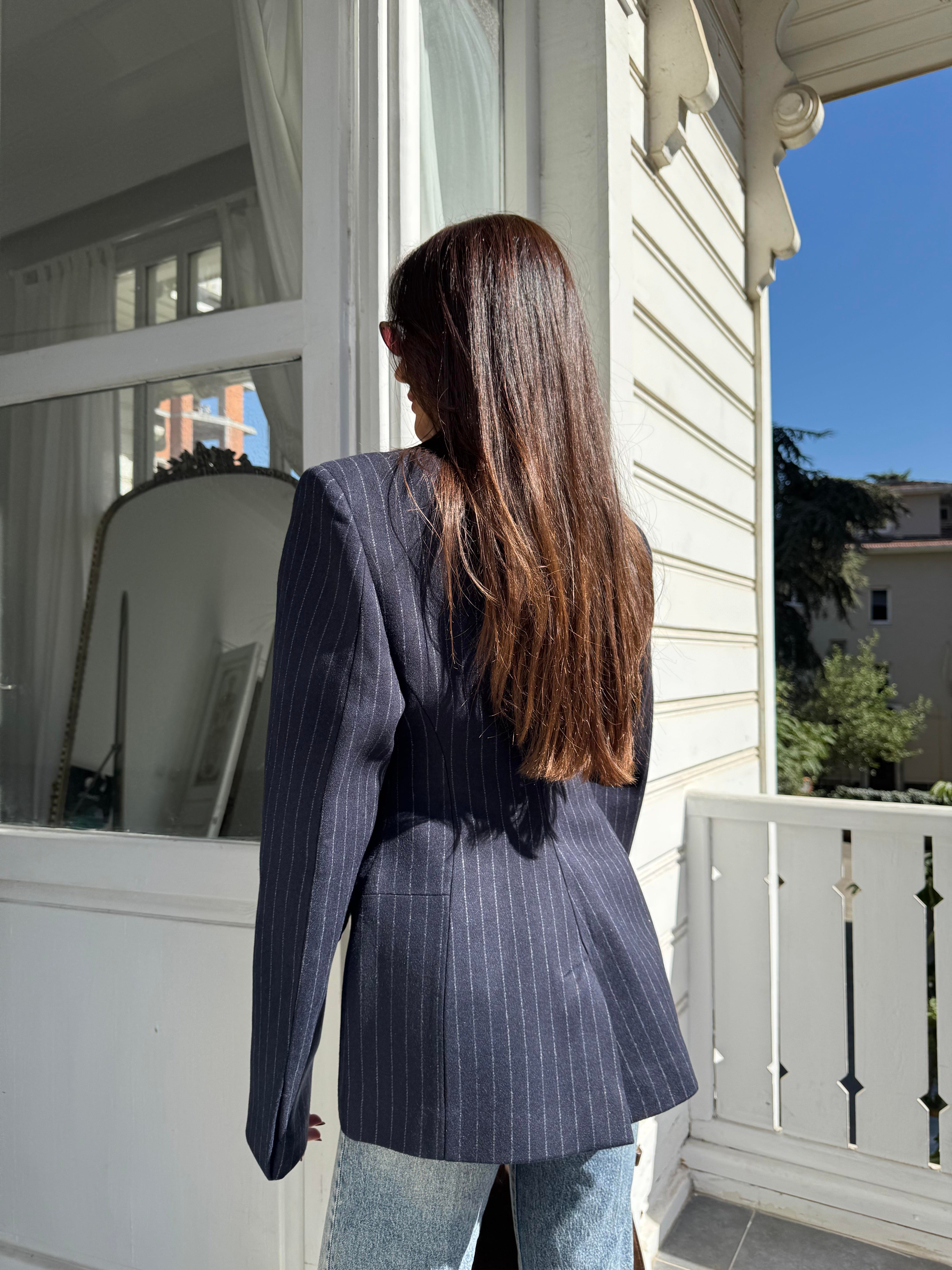 Lacivert Çizgili Bel Oturtmalı Blazer Ceket