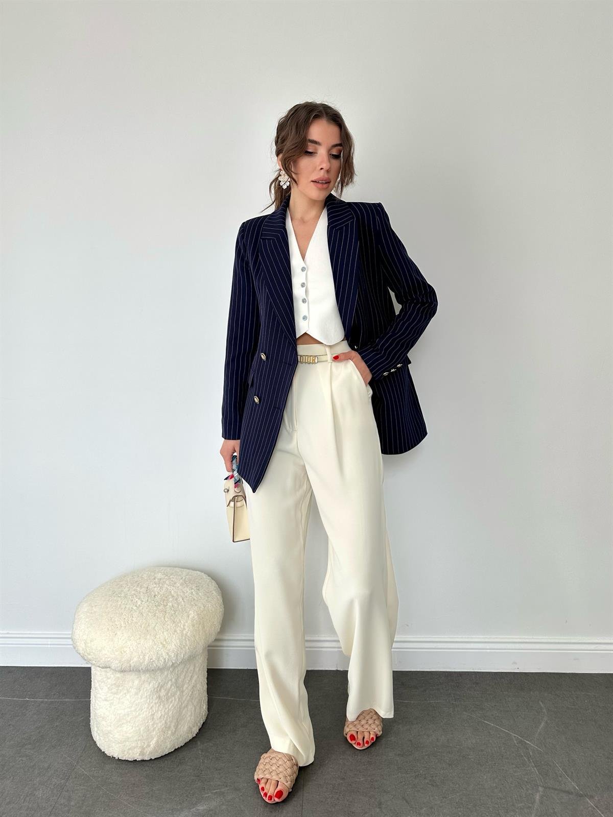 Lacivert Çizgili Blazer Ceket