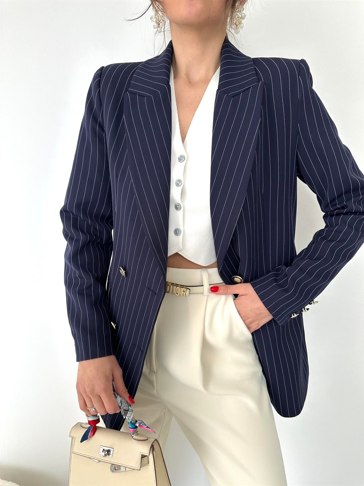 Lacivert Çizgili Blazer Ceket