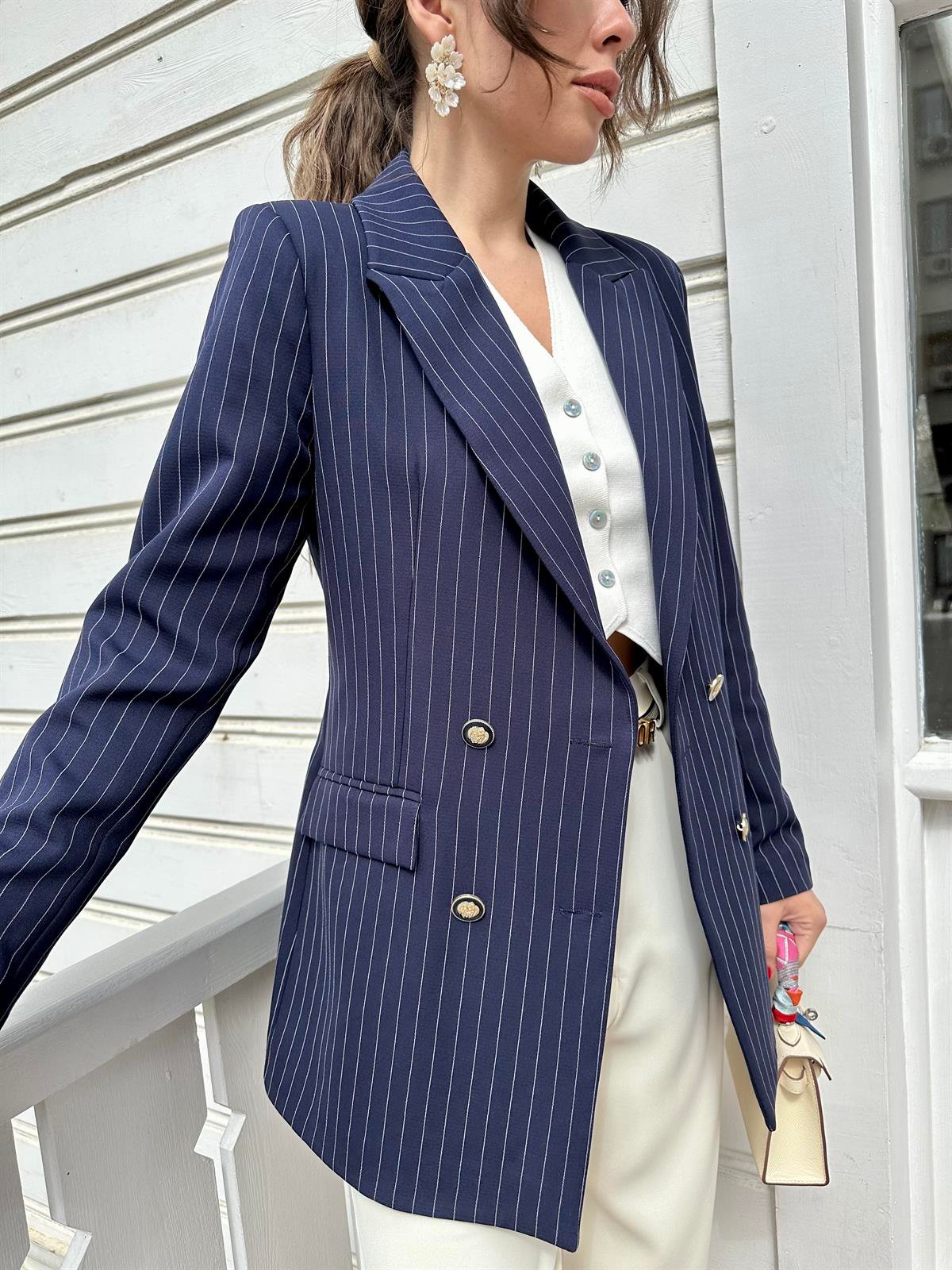 Lacivert Çizgili Blazer Ceket