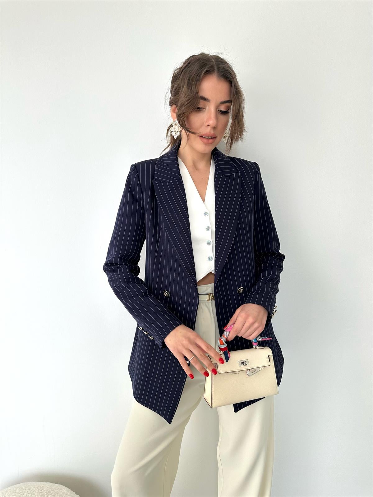 Lacivert Çizgili Blazer Ceket