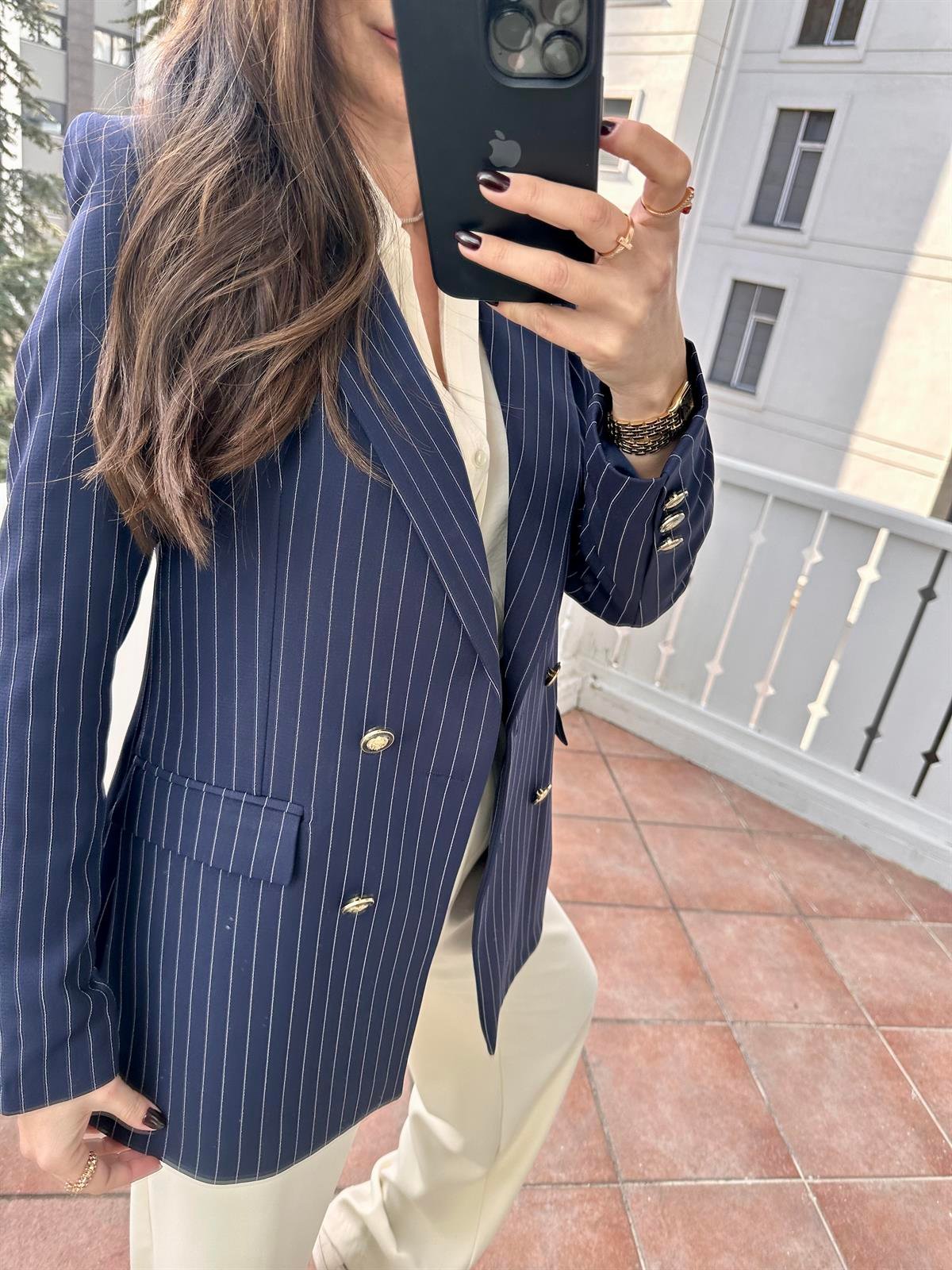 Lacivert  Çizgili Blazer Ceket