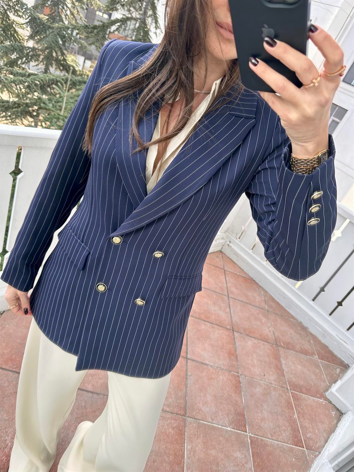 Lacivert  Çizgili Blazer Ceket