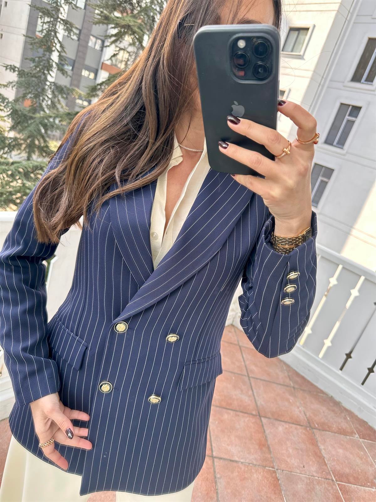 Lacivert  Çizgili Blazer Ceket