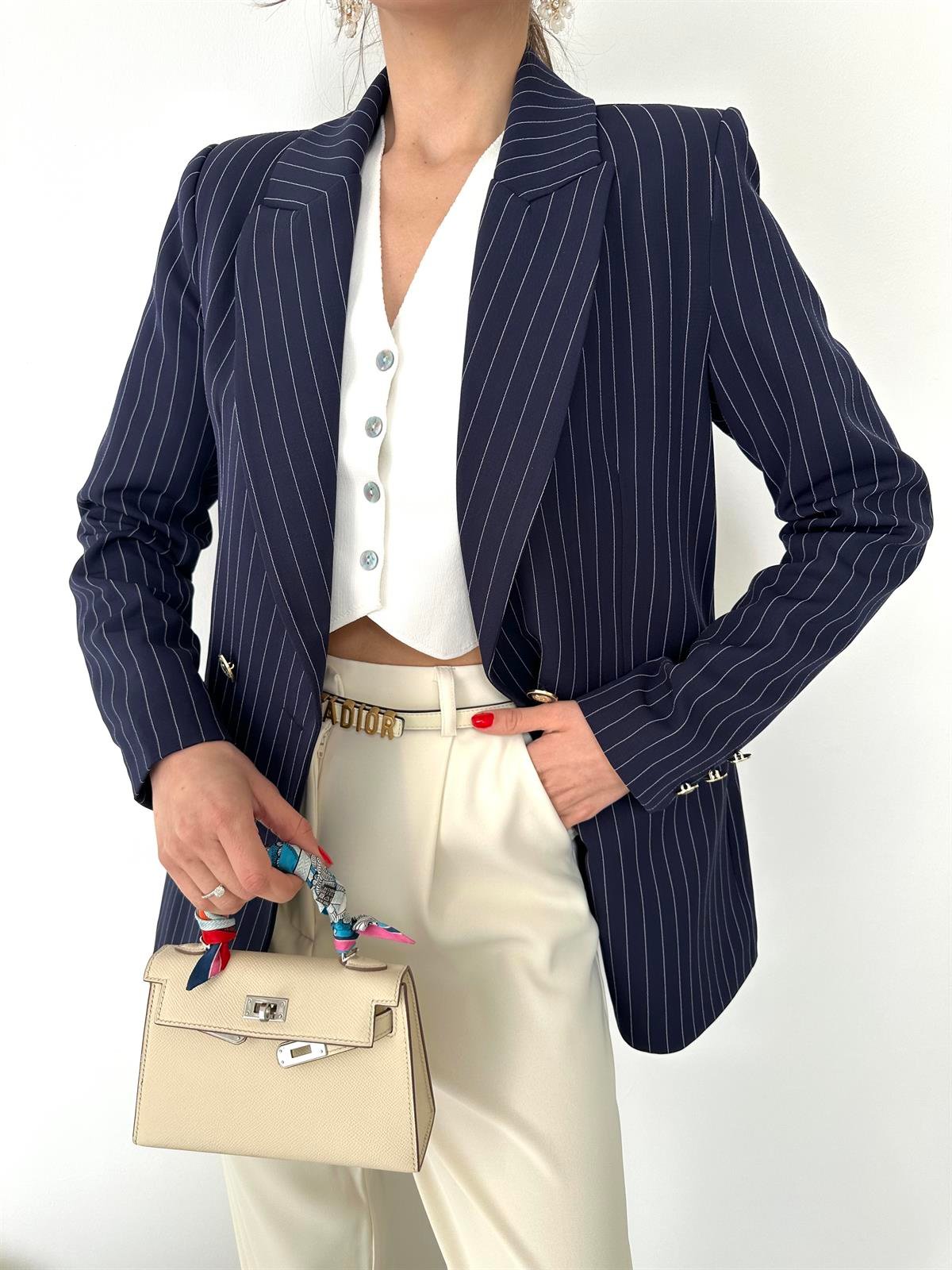 Lacivert Çizgili Blazer Ceket