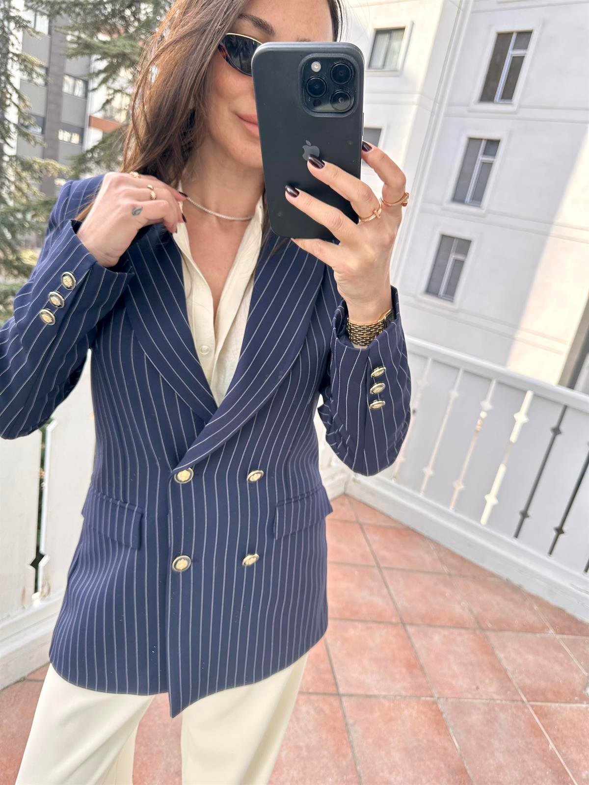 Lacivert  Çizgili Blazer Ceket