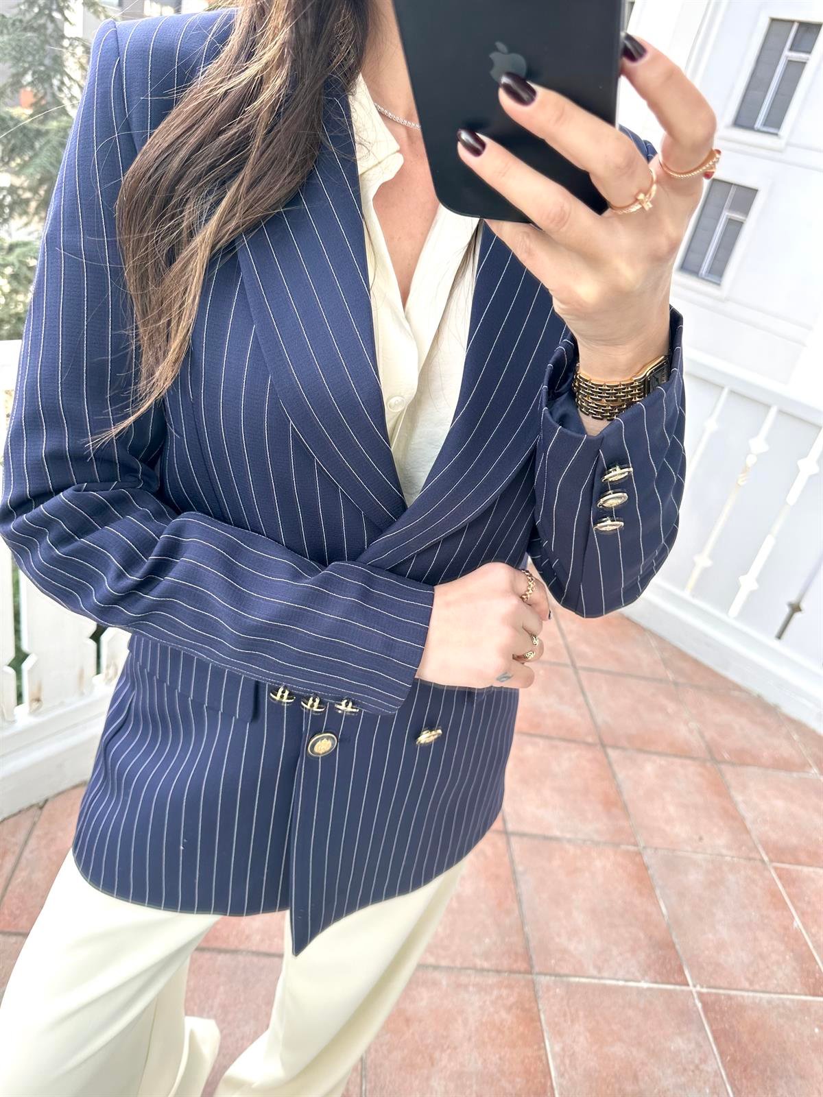 Lacivert  Çizgili Blazer Ceket
