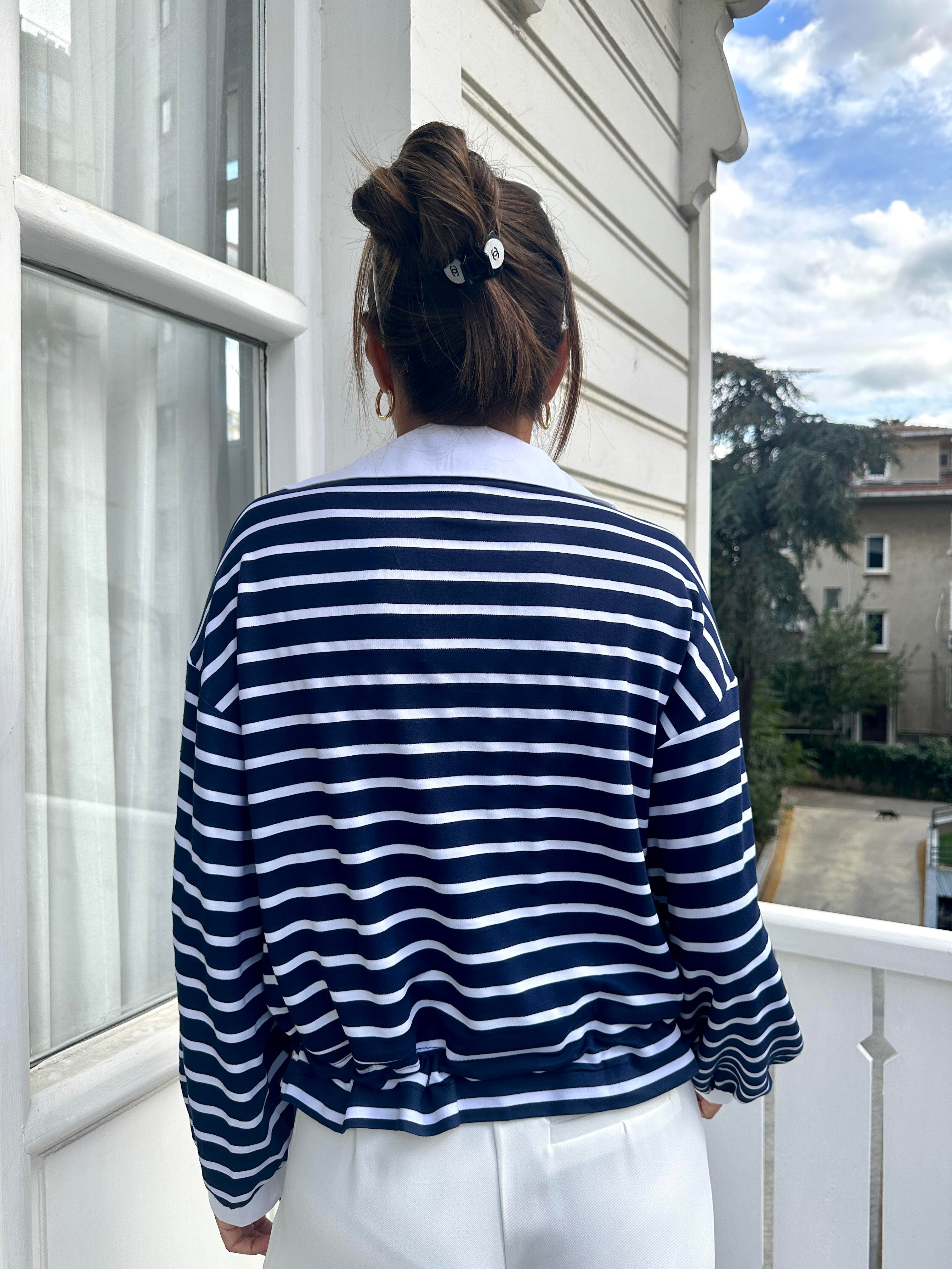 Lacivert Çizgili Garnili Sweat