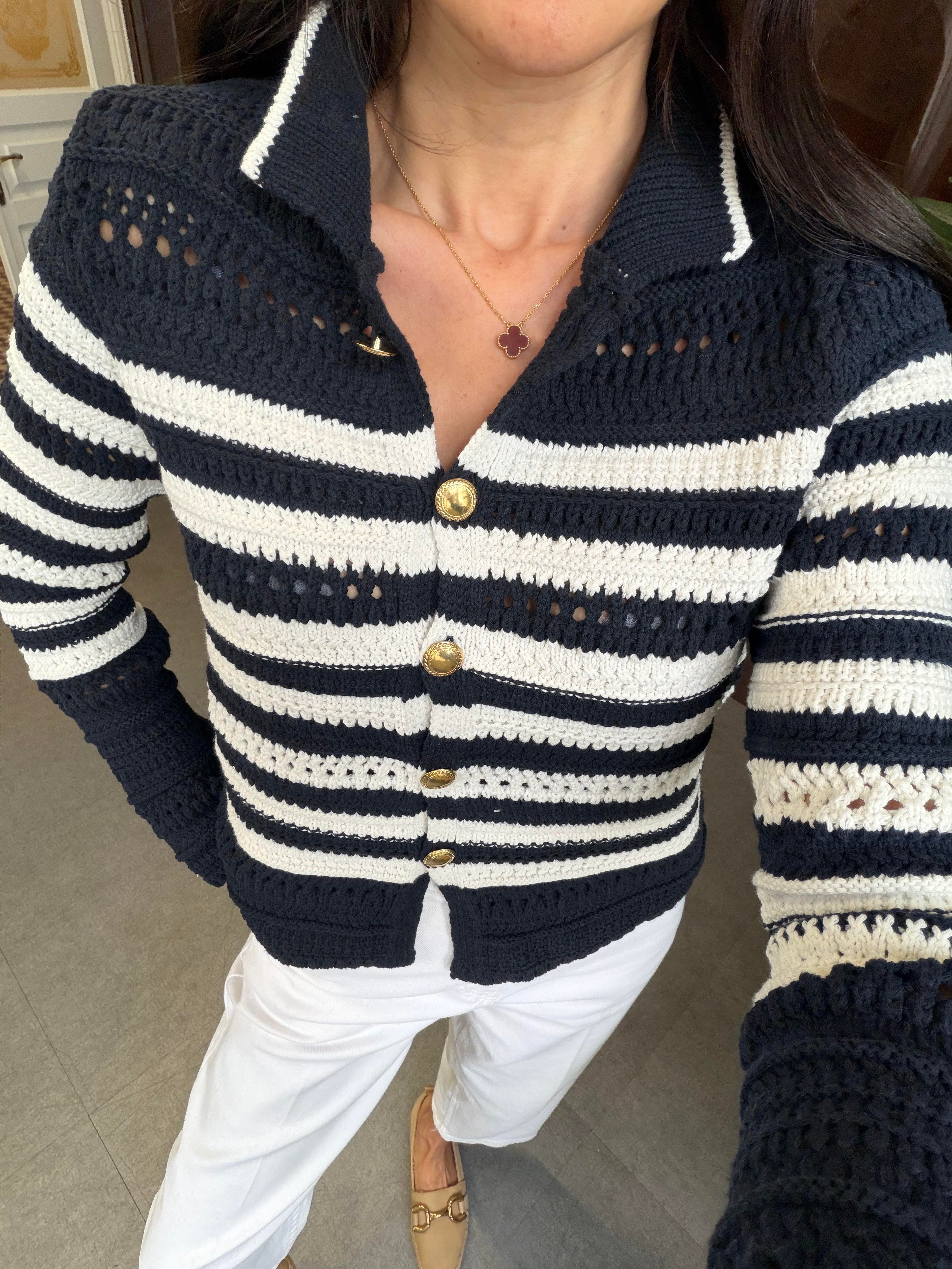 Lacivert Çizgili Gold Düğmeli Ajurlu Hırka