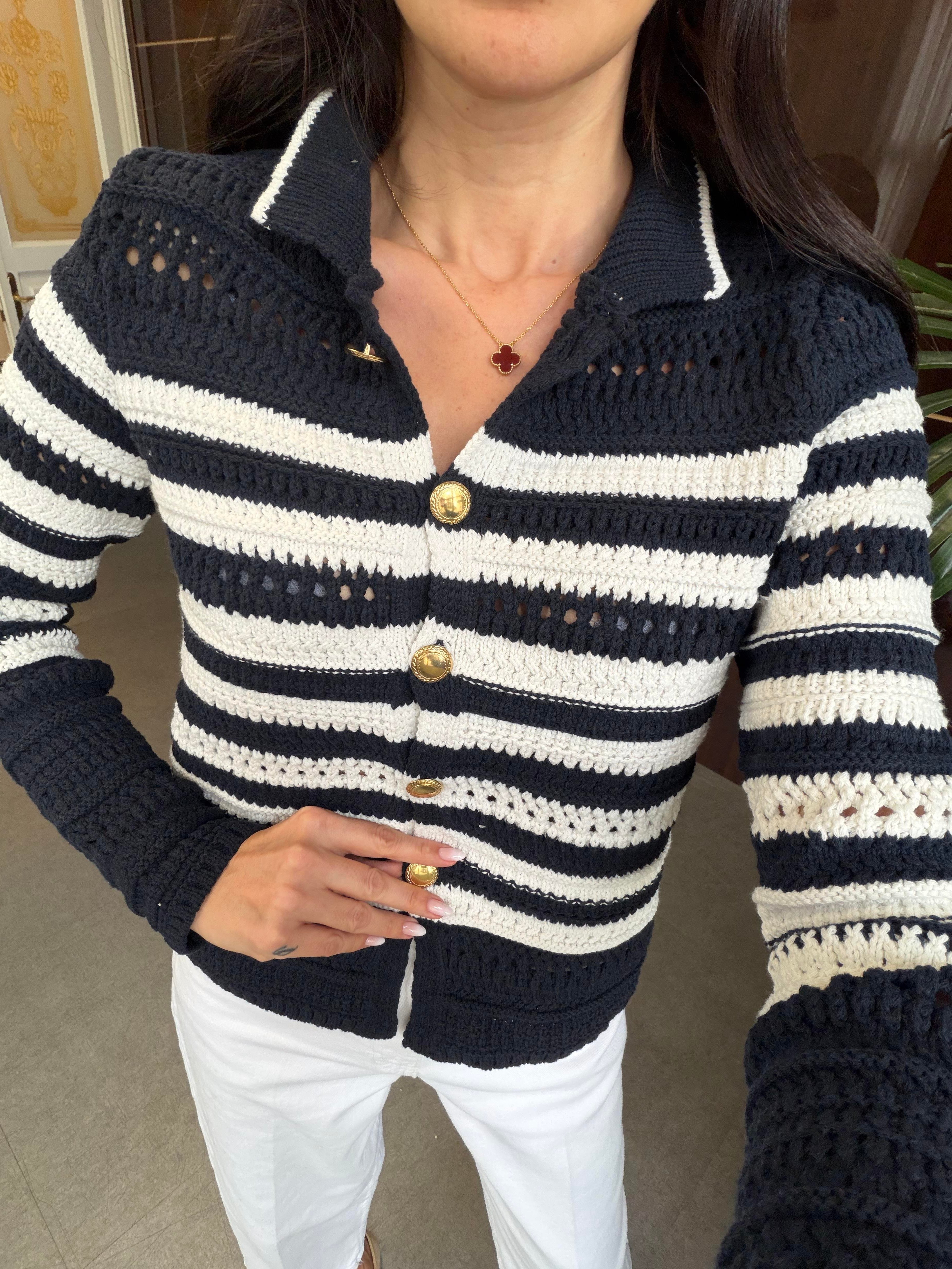 Lacivert Çizgili Gold Düğmeli Ajurlu Hırka