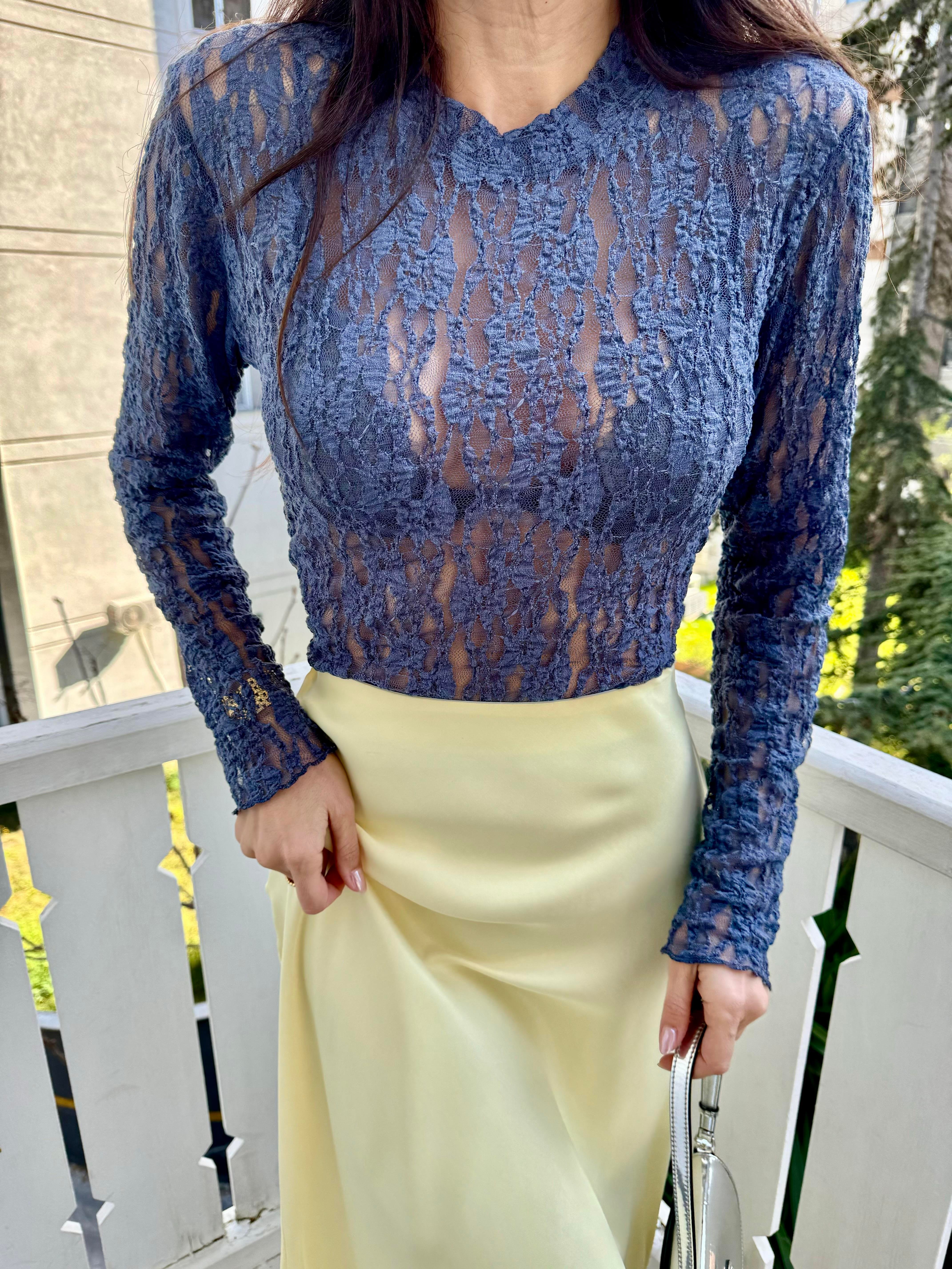 Lacivert Dantel Bluz