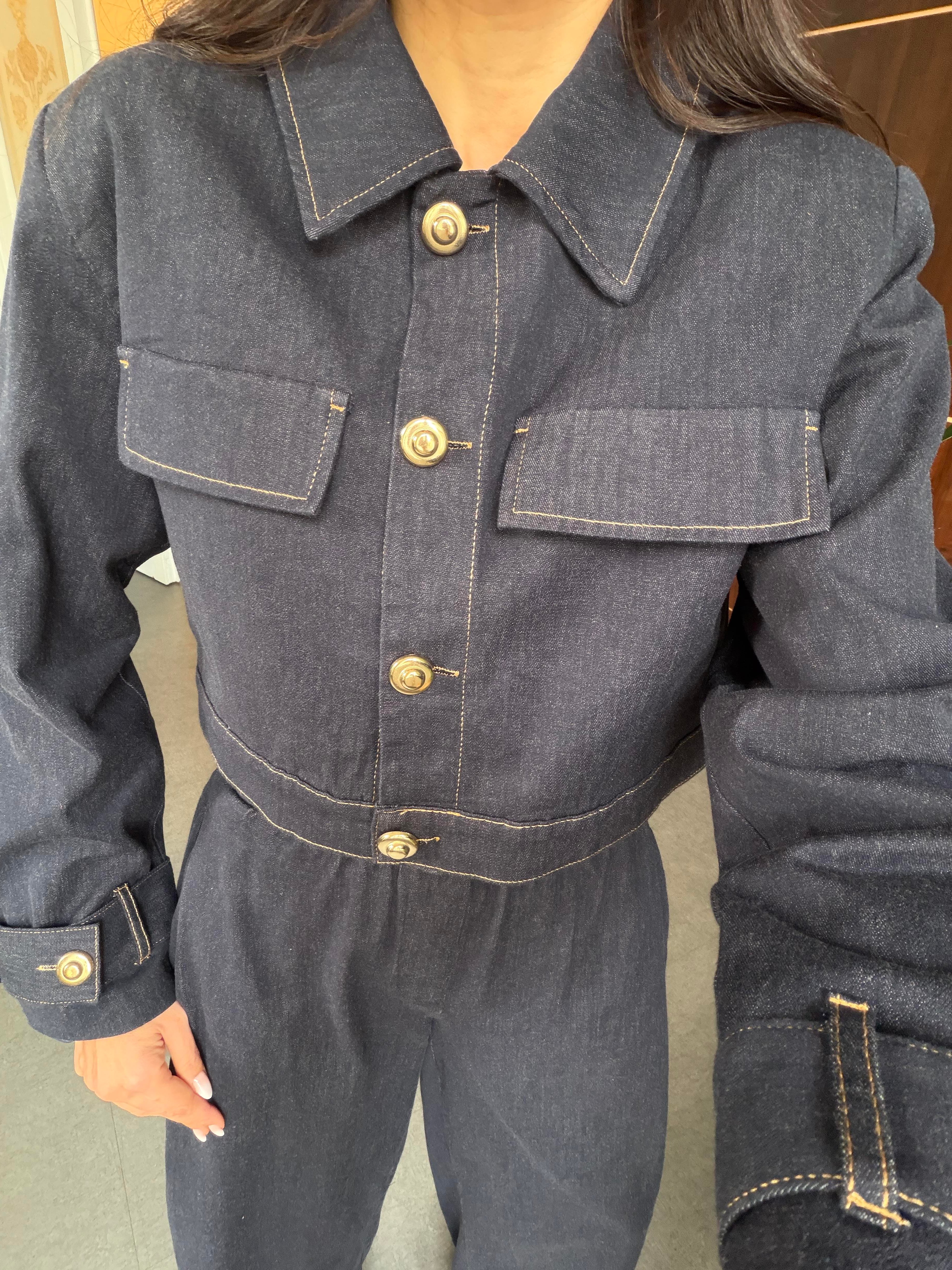 Lacivert Denim Düğmeli Ceket