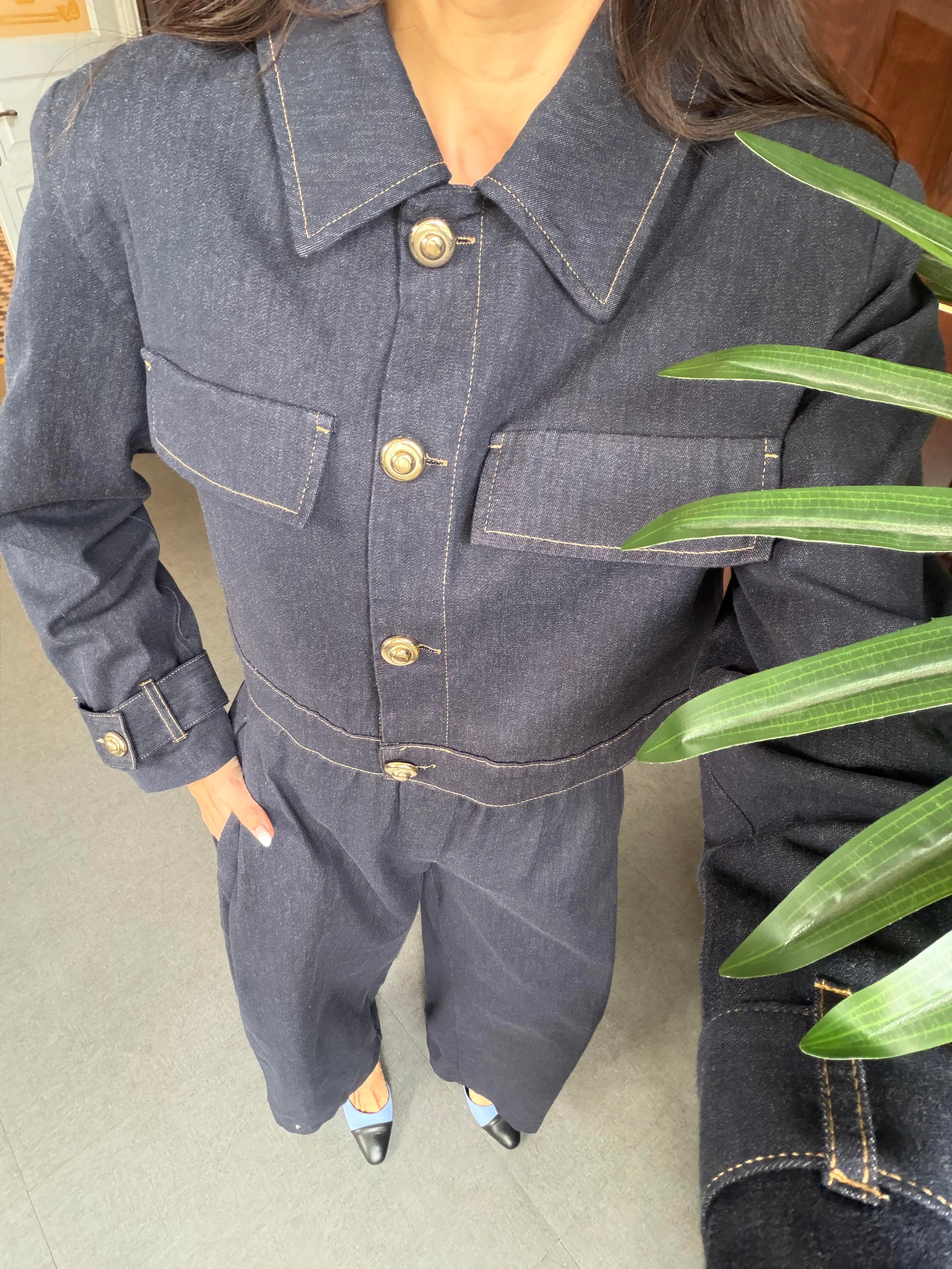 Lacivert Denim Düğmeli Ceket