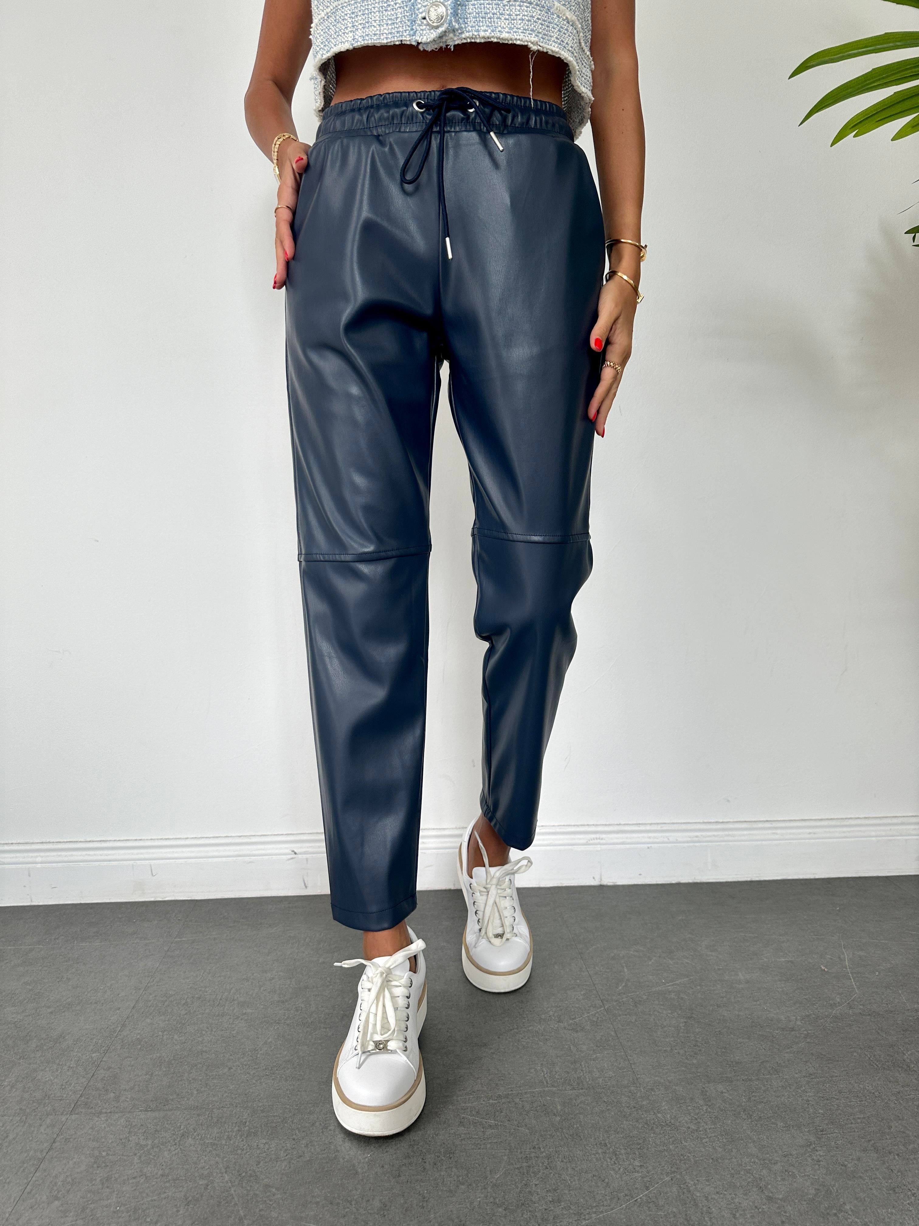 Lacivert Dizi Dikişli Bağcıklı ve Beli Lastikli Deri Pantolon