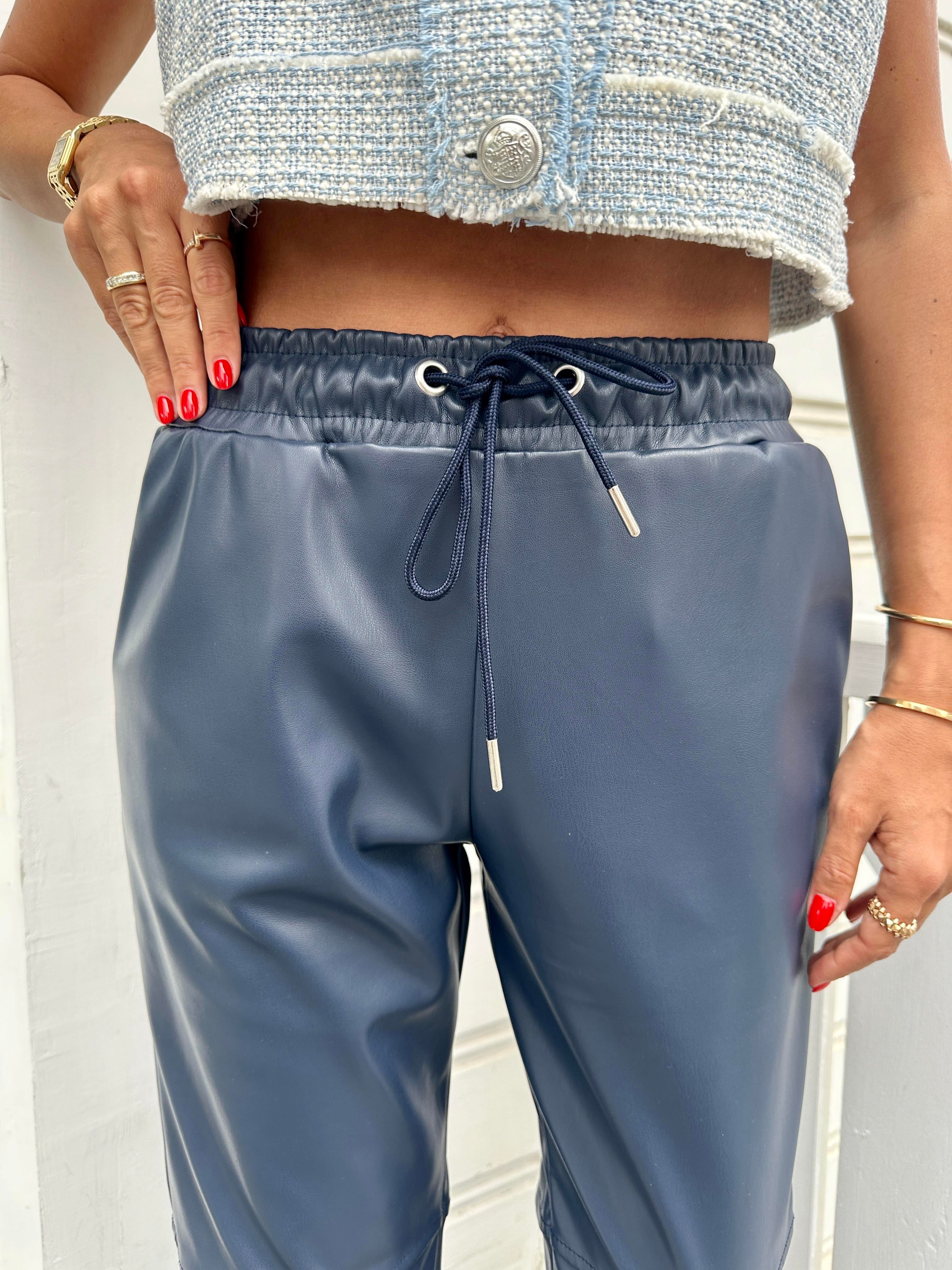 Lacivert Dizi Dikişli Bağcıklı ve Beli Lastikli Deri Pantolon