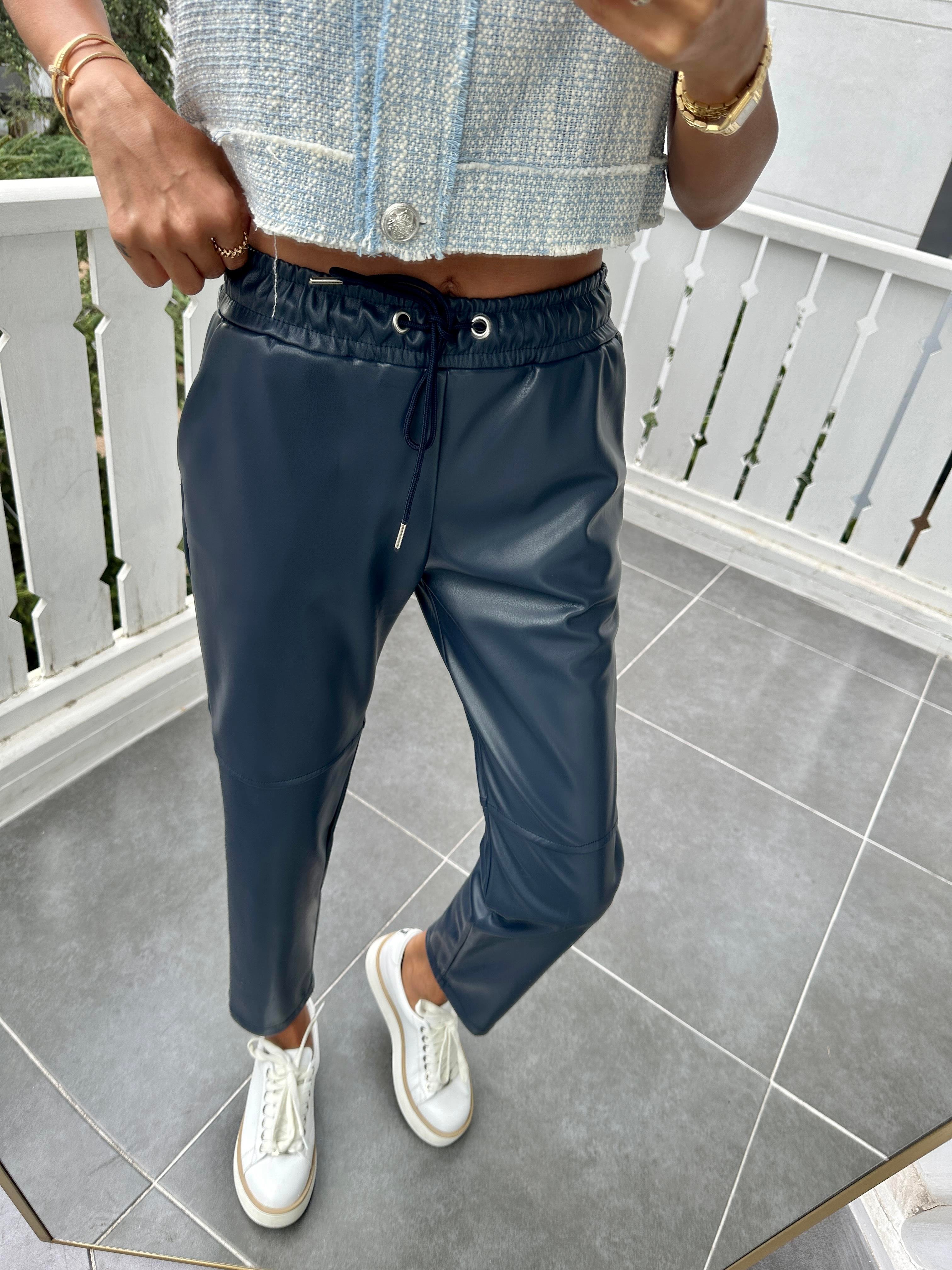 Lacivert Dizi Dikişli Bağcıklı ve Beli Lastikli Deri Pantolon