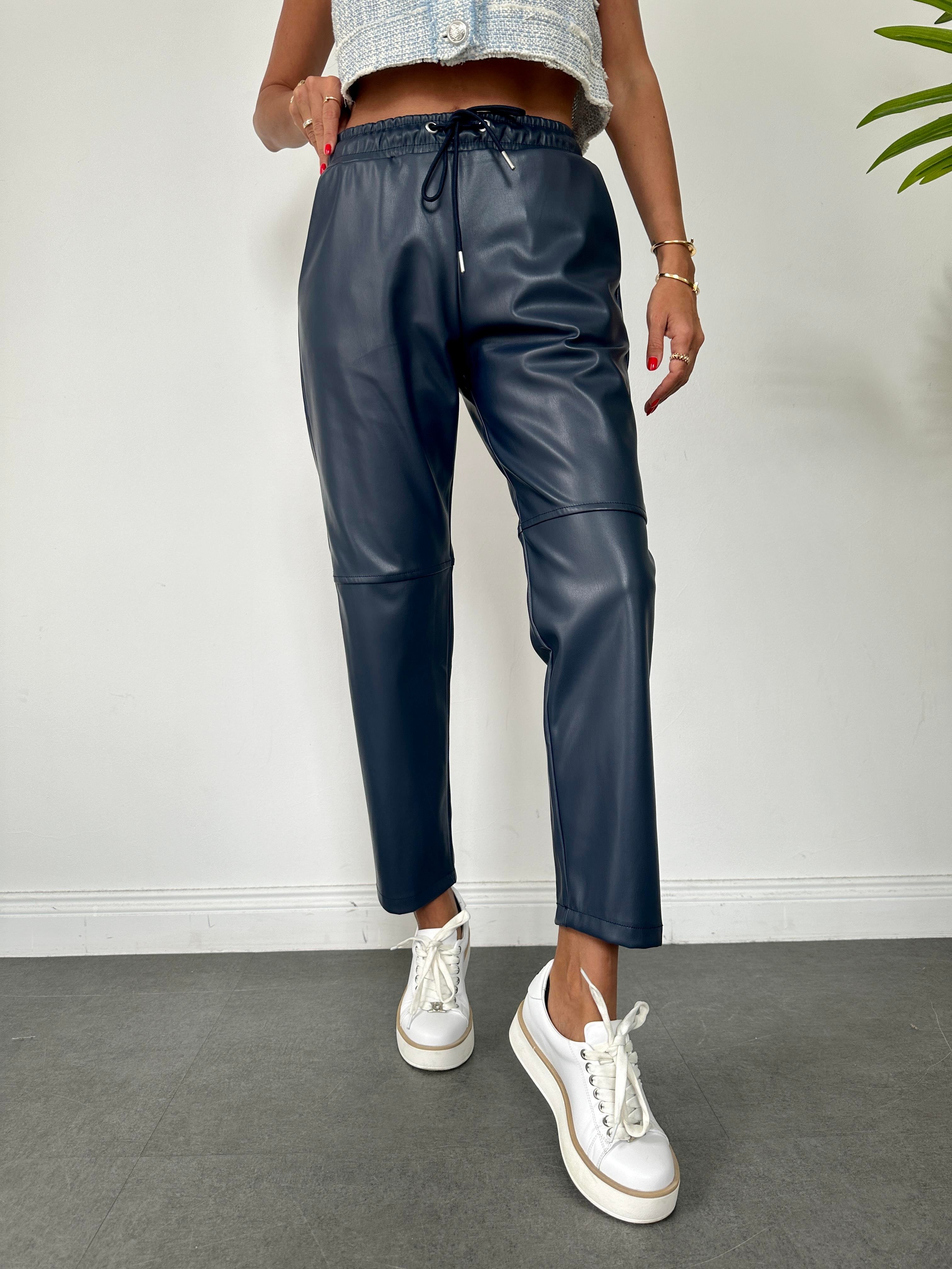 Lacivert Dizi Dikişli Bağcıklı ve Beli Lastikli Deri Pantolon