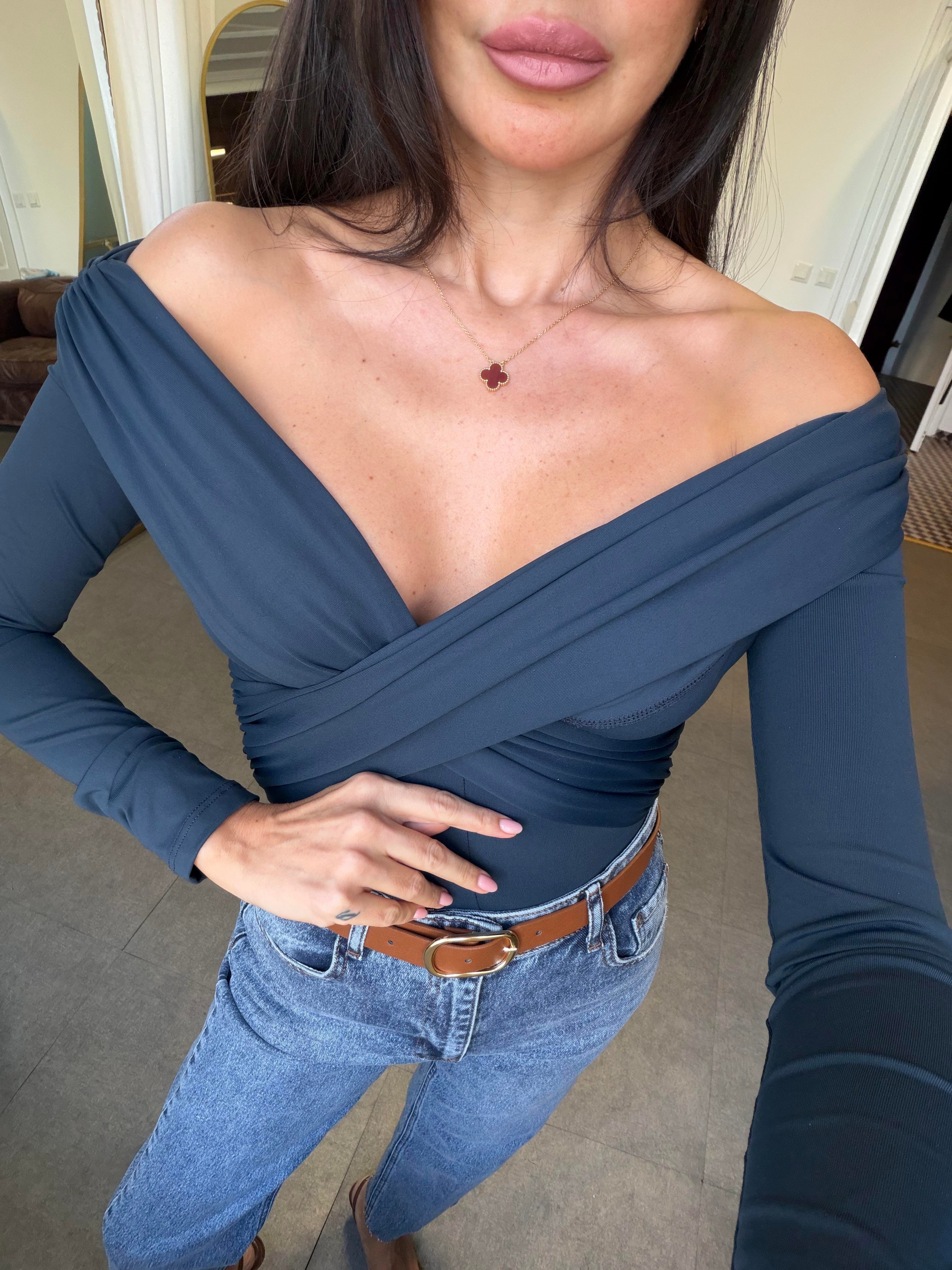 Lacivert Dökümlü Bodysuit