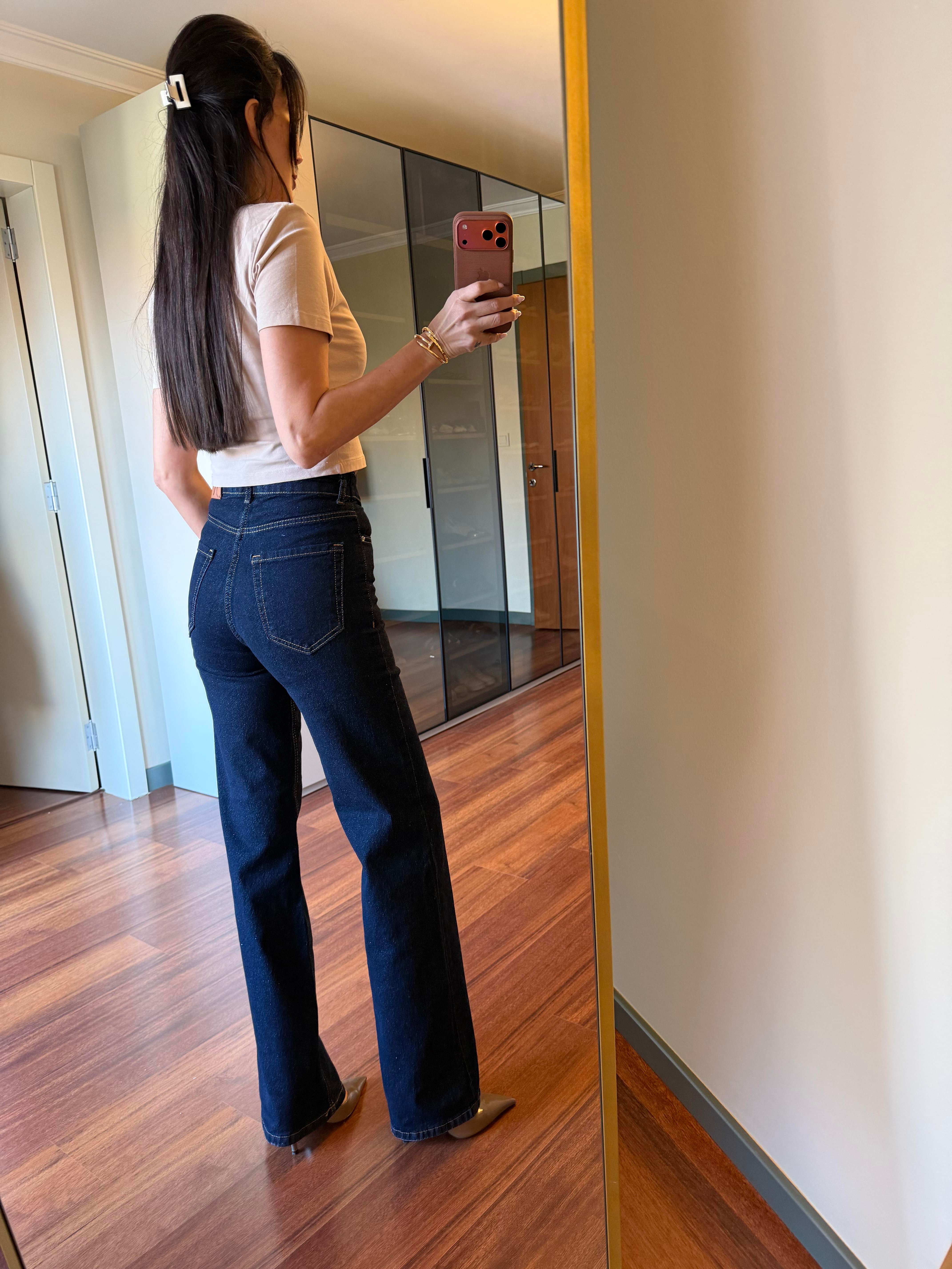 Lacivert Düğme Detaylı Jean Pantolon