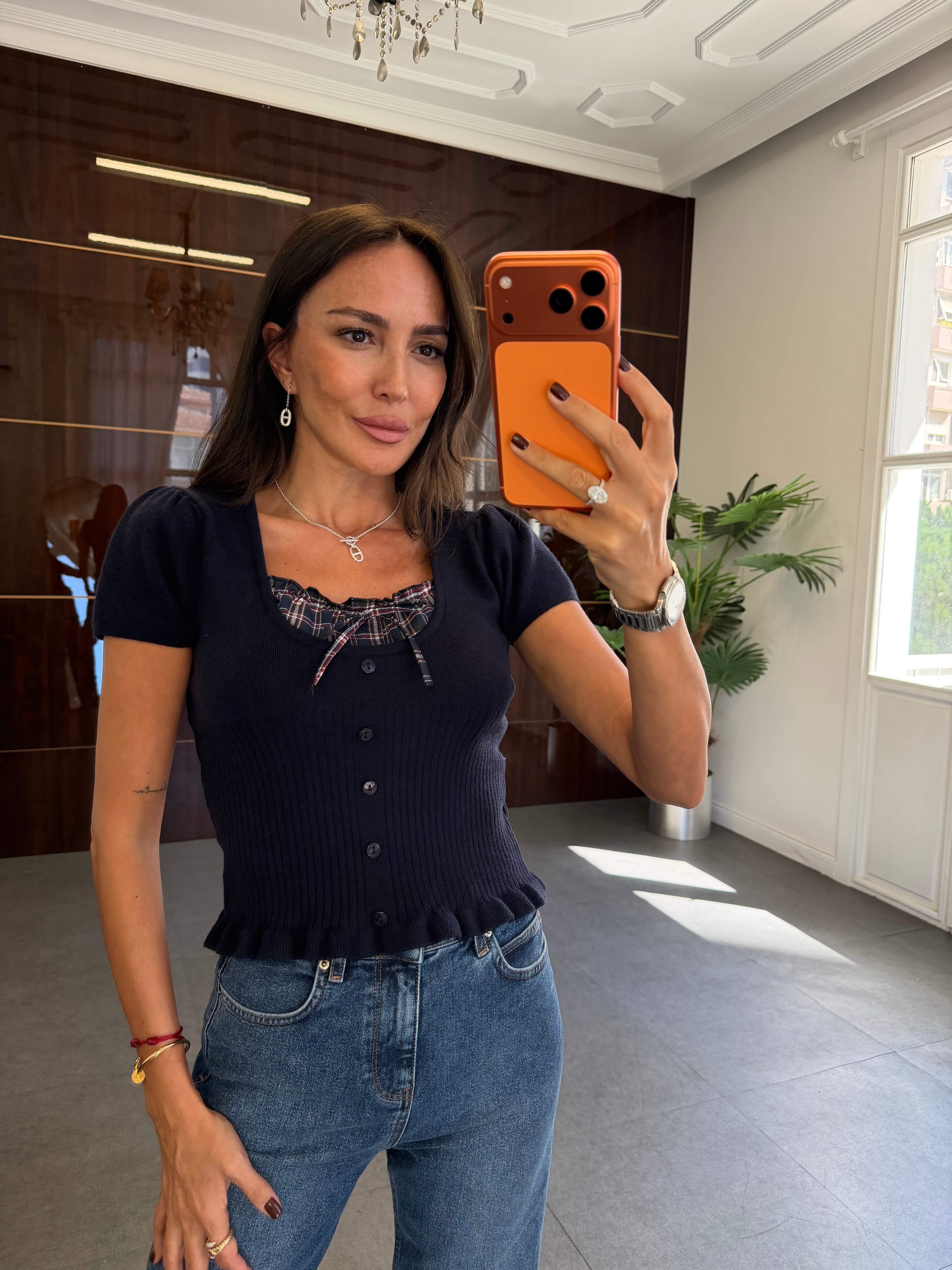 Lacivert Ekose Detaylı Triko Kazak