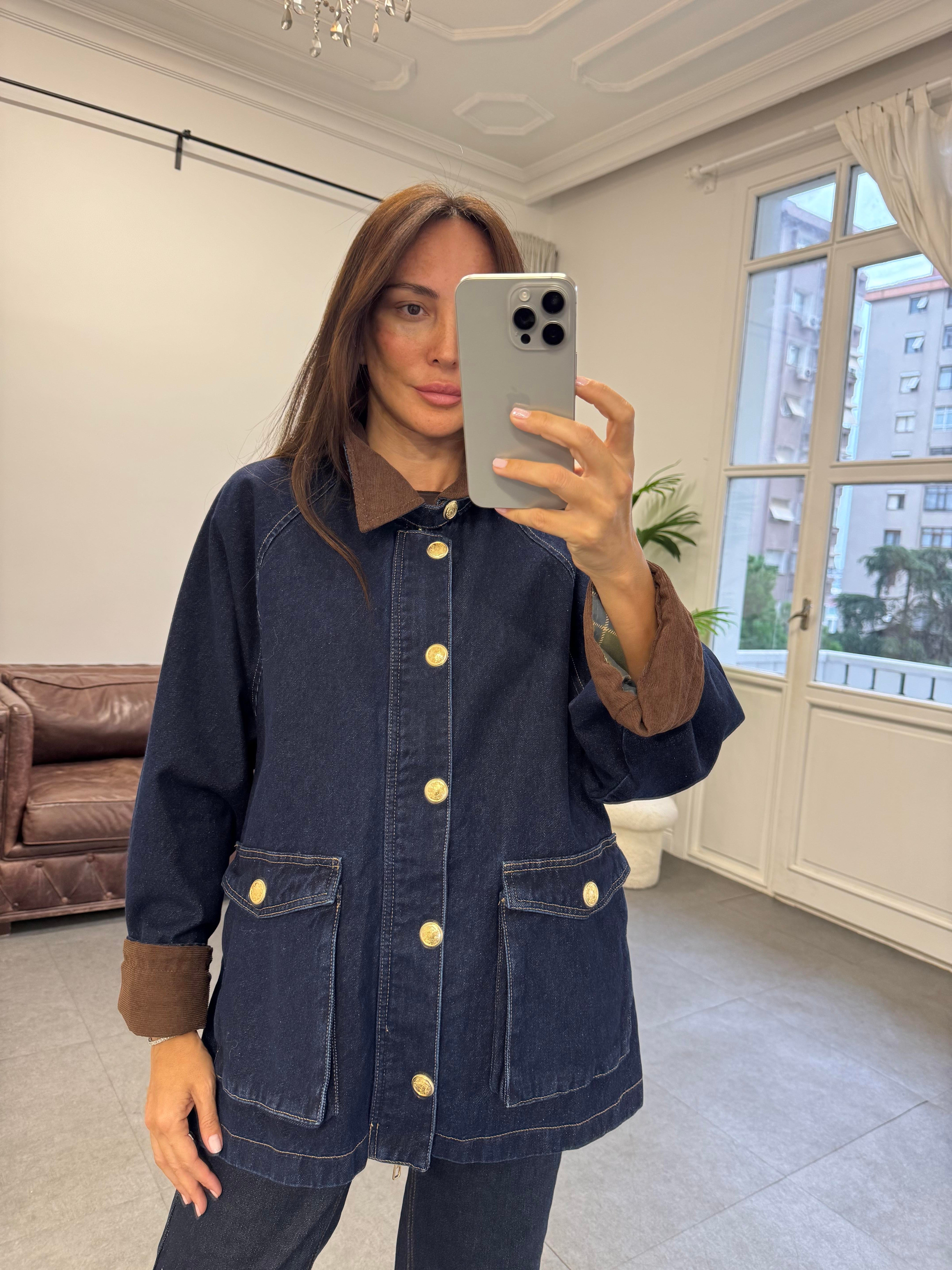 Lacivert Kadife Yaka Ceket Denim