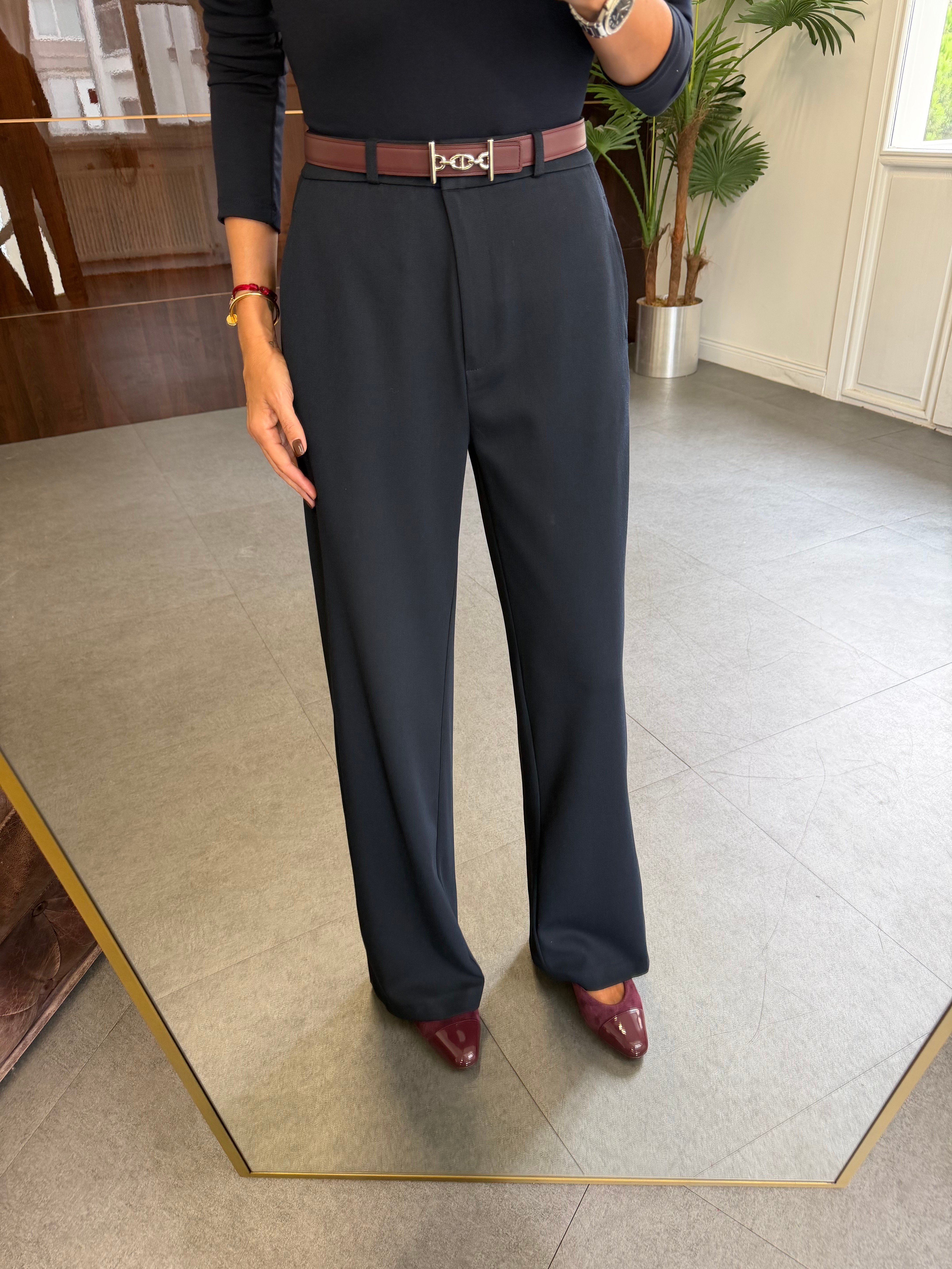 Lacivert Kancalı Wide Leg Kumaş Pantolon