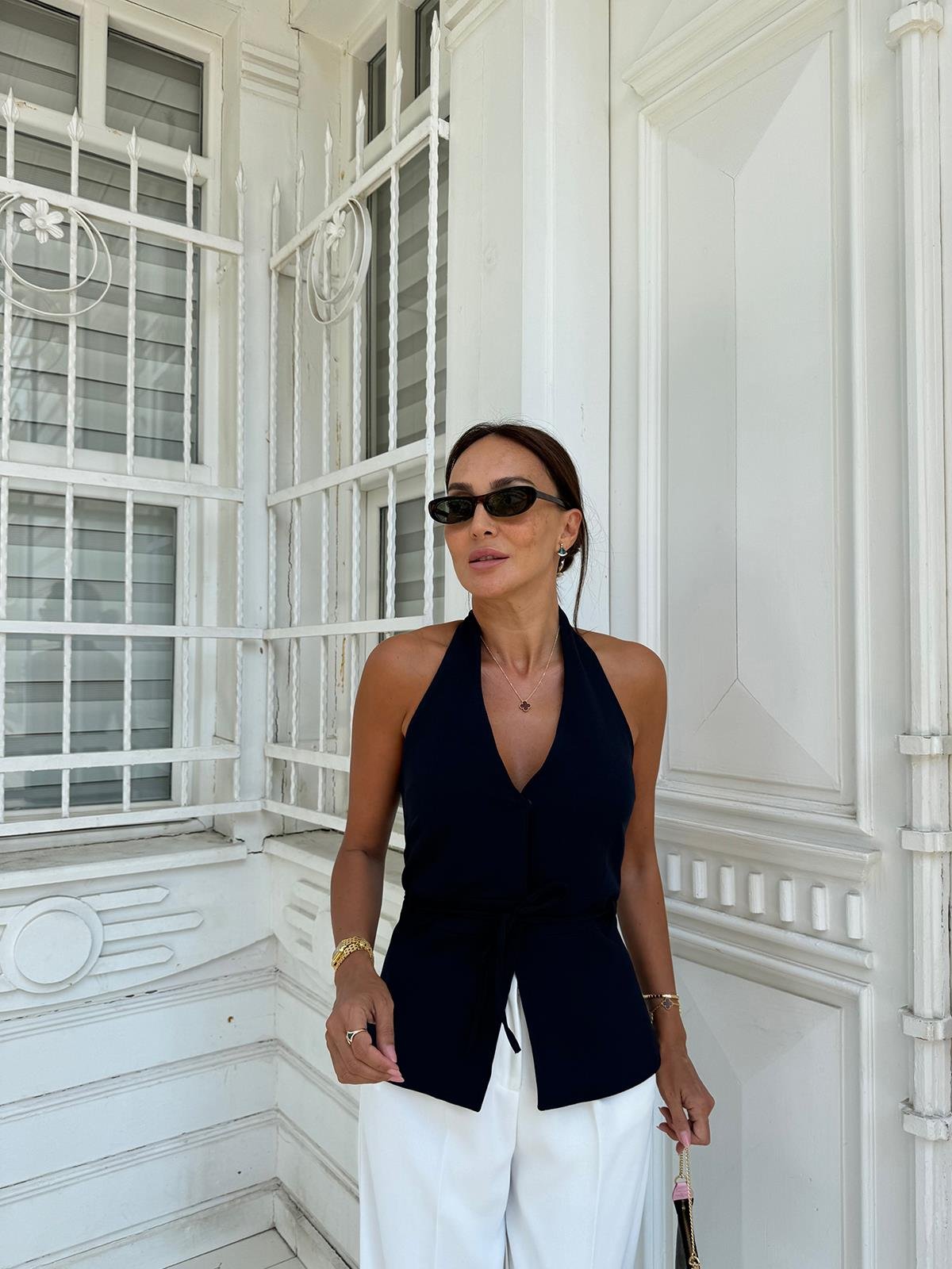 Lacivert Kuşaklı Kumaş Yelek