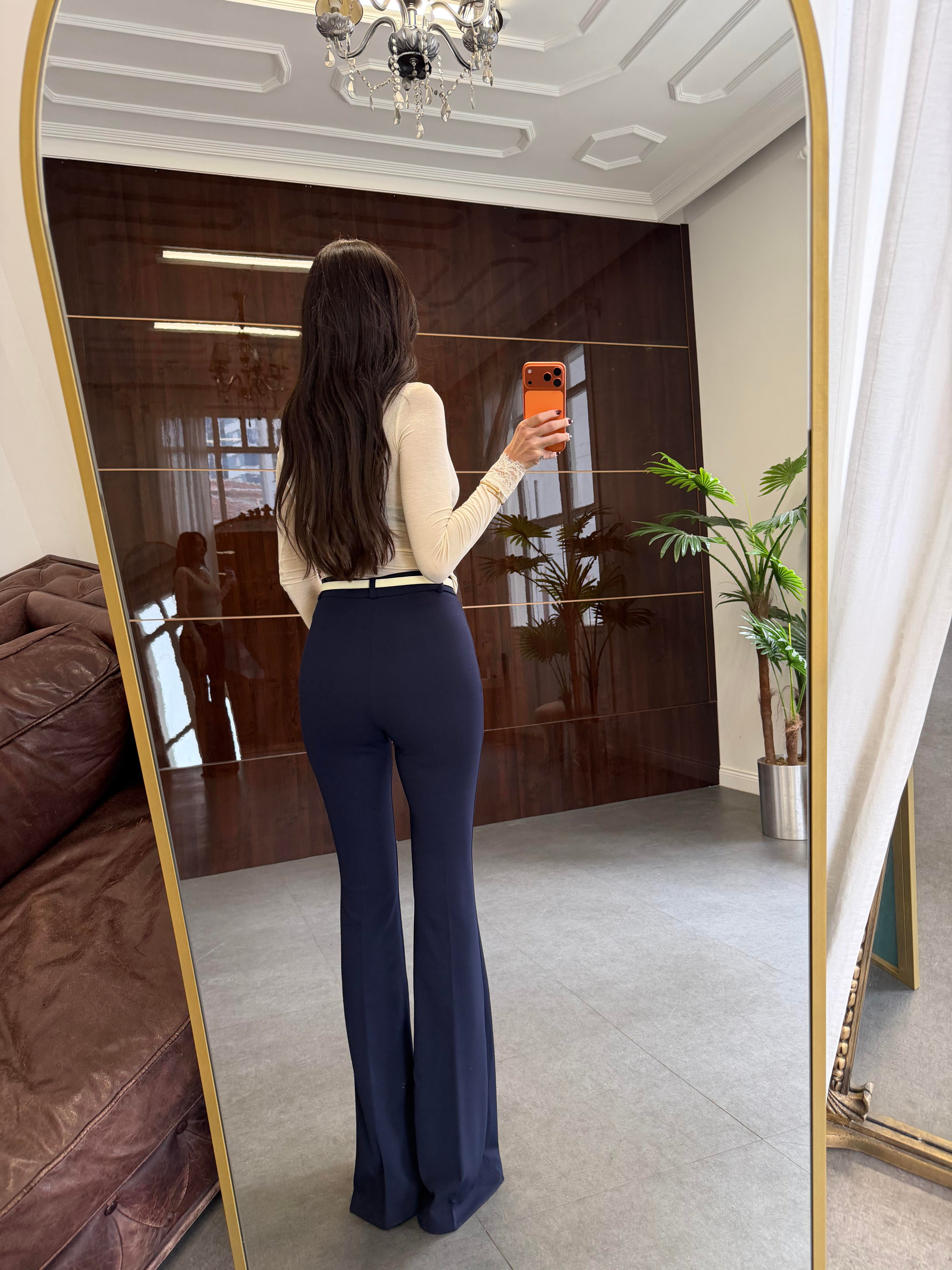 Lacivert Likralı İspanyol Paça Kumaş Pantolon