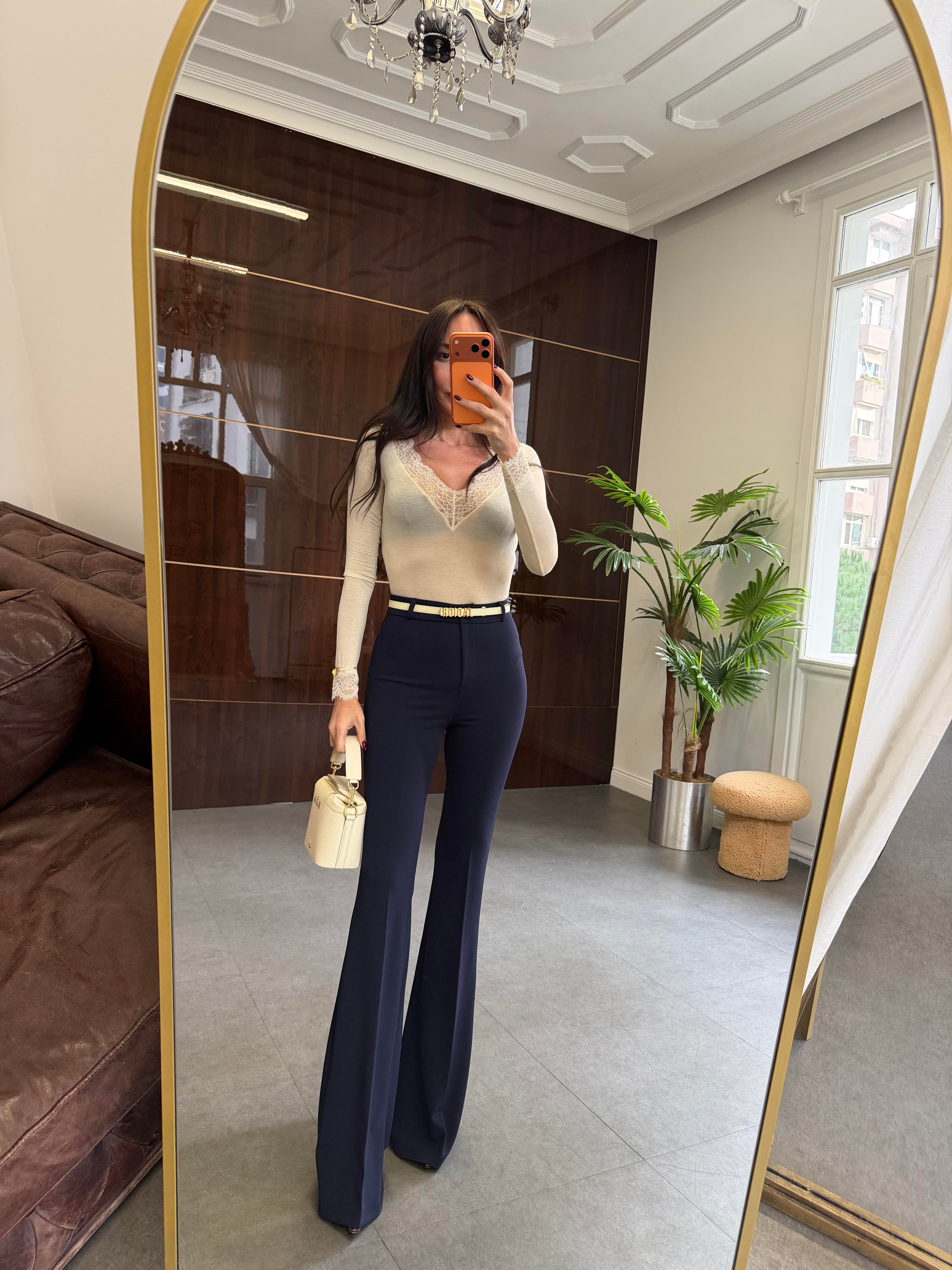 Lacivert Likralı İspanyol Paça Kumaş Pantolon