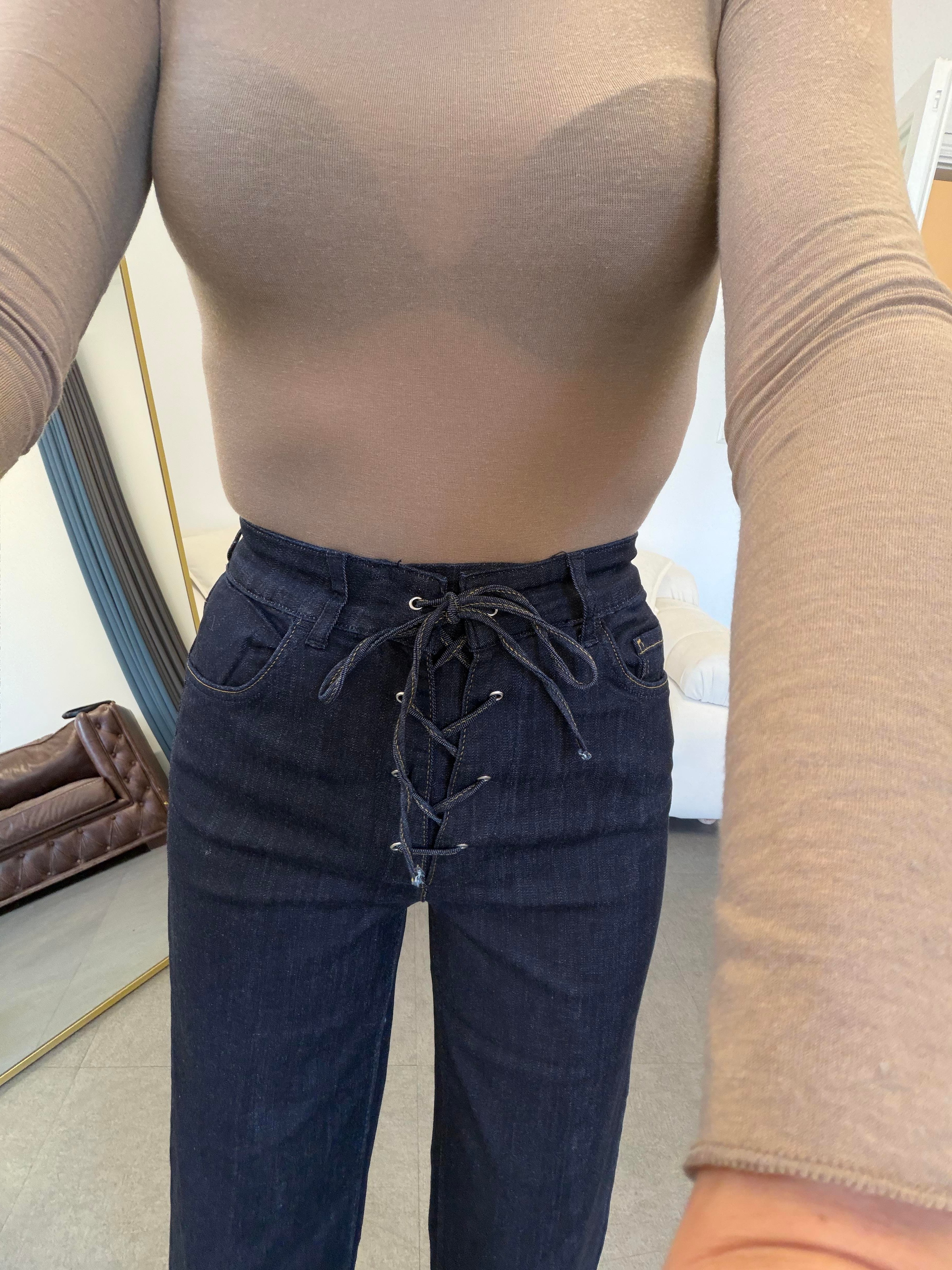 Lacivert Önden Bağcıklı Jean Pantolon
