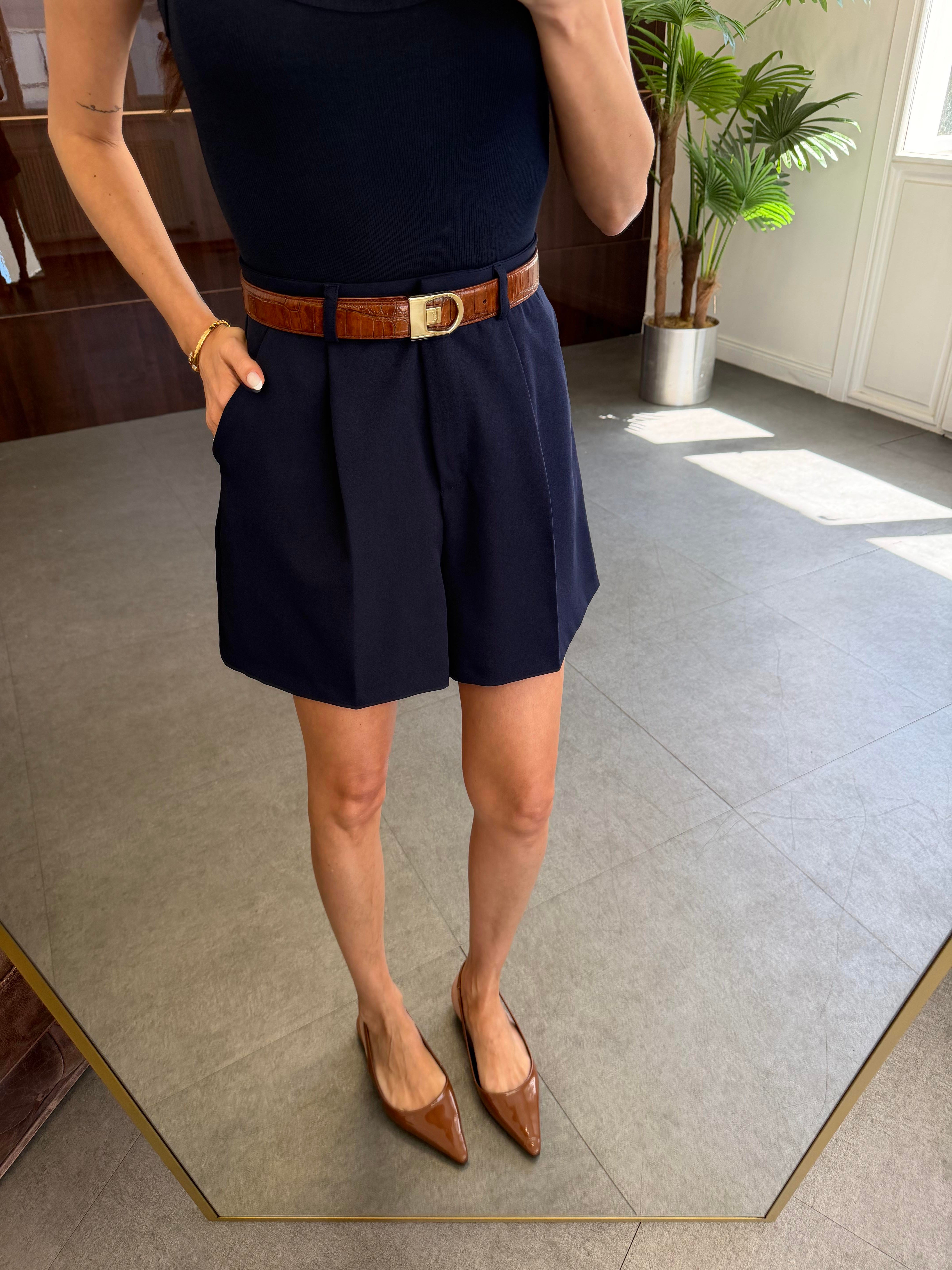 Lacivert Pileli Cepli Şort