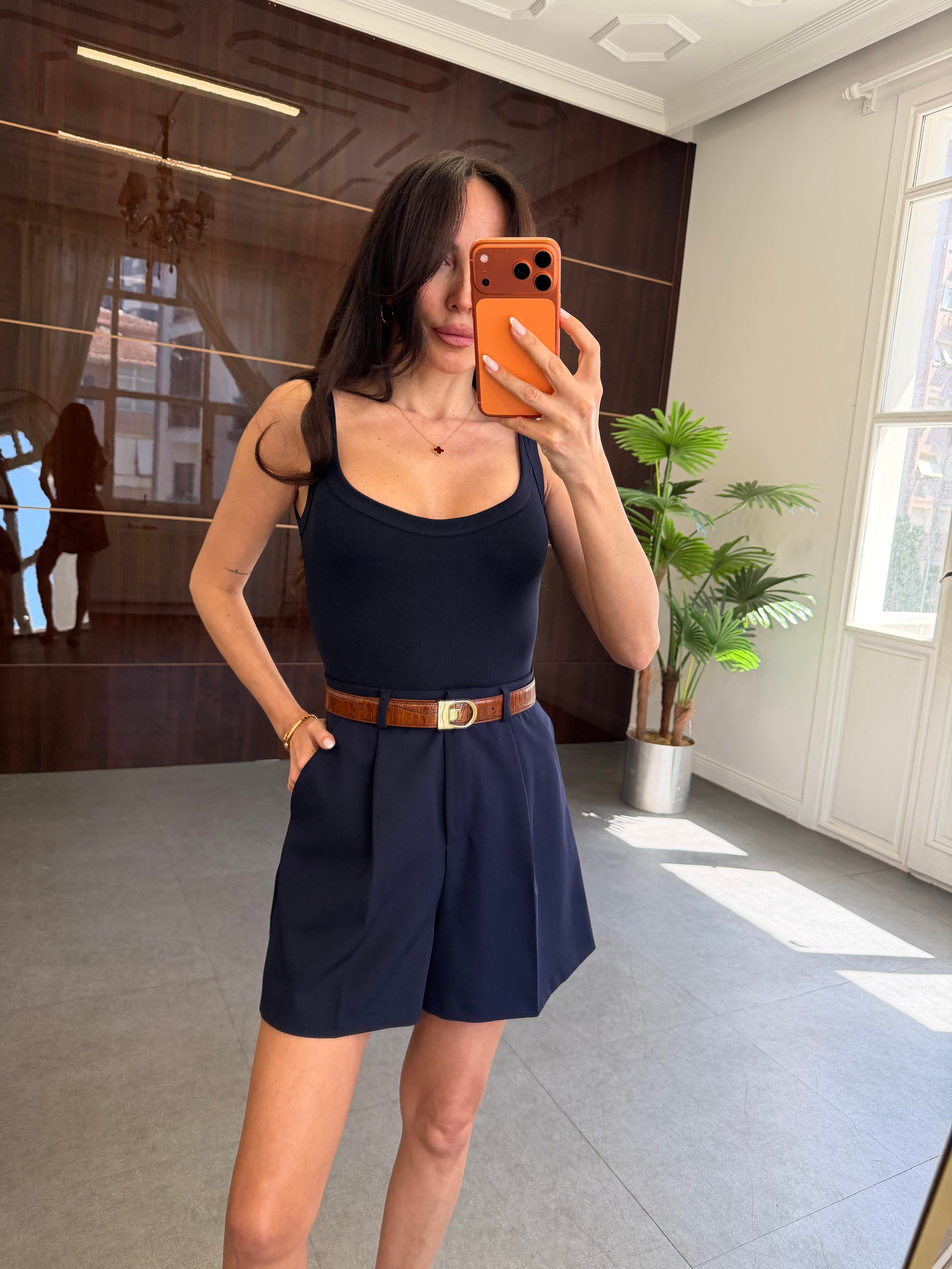 Lacivert Pileli Cepli Şort