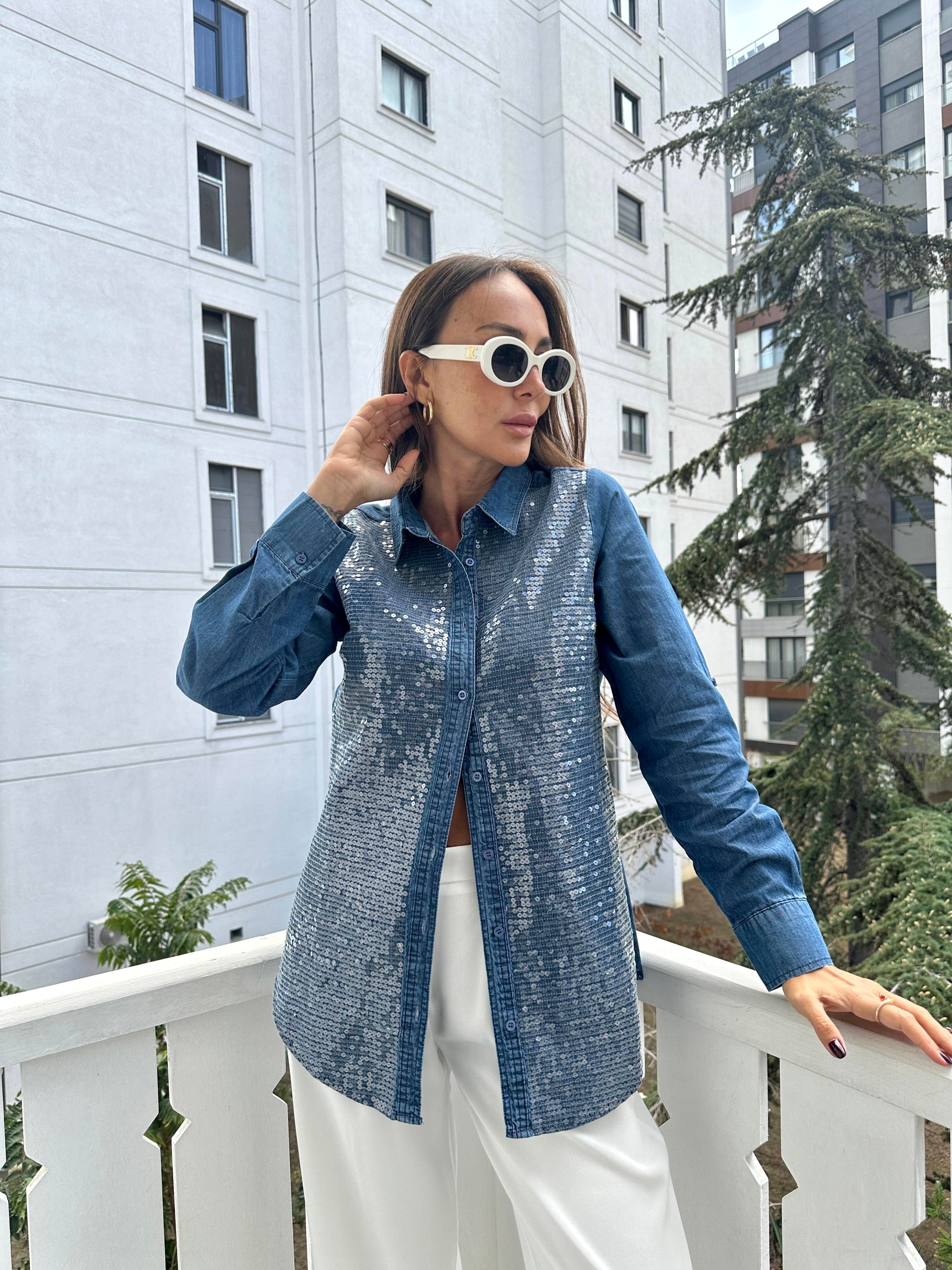 Lacivert Pullu Jean Gömlek