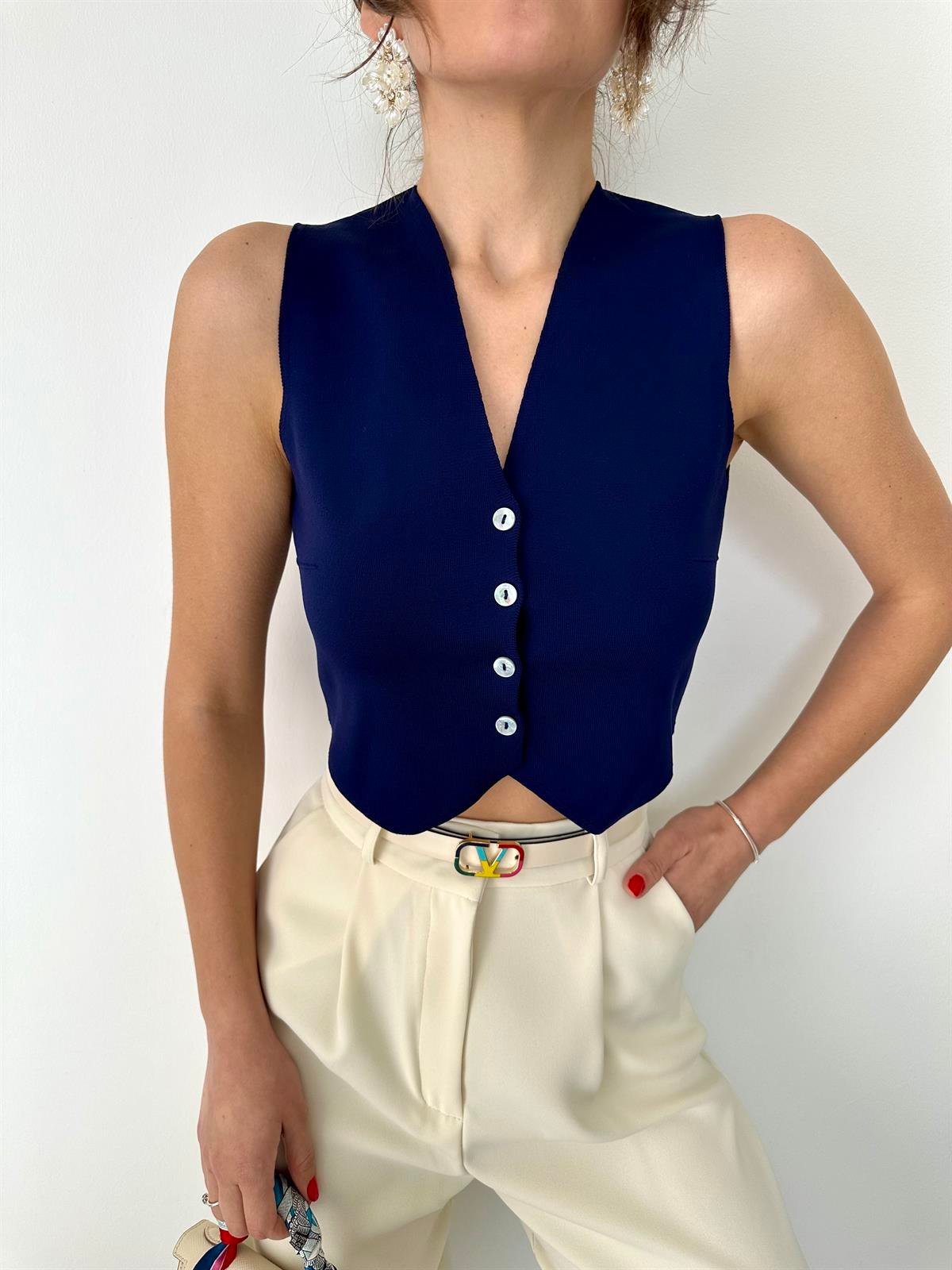 Lacivert  Sedef Düğmeli Bluz