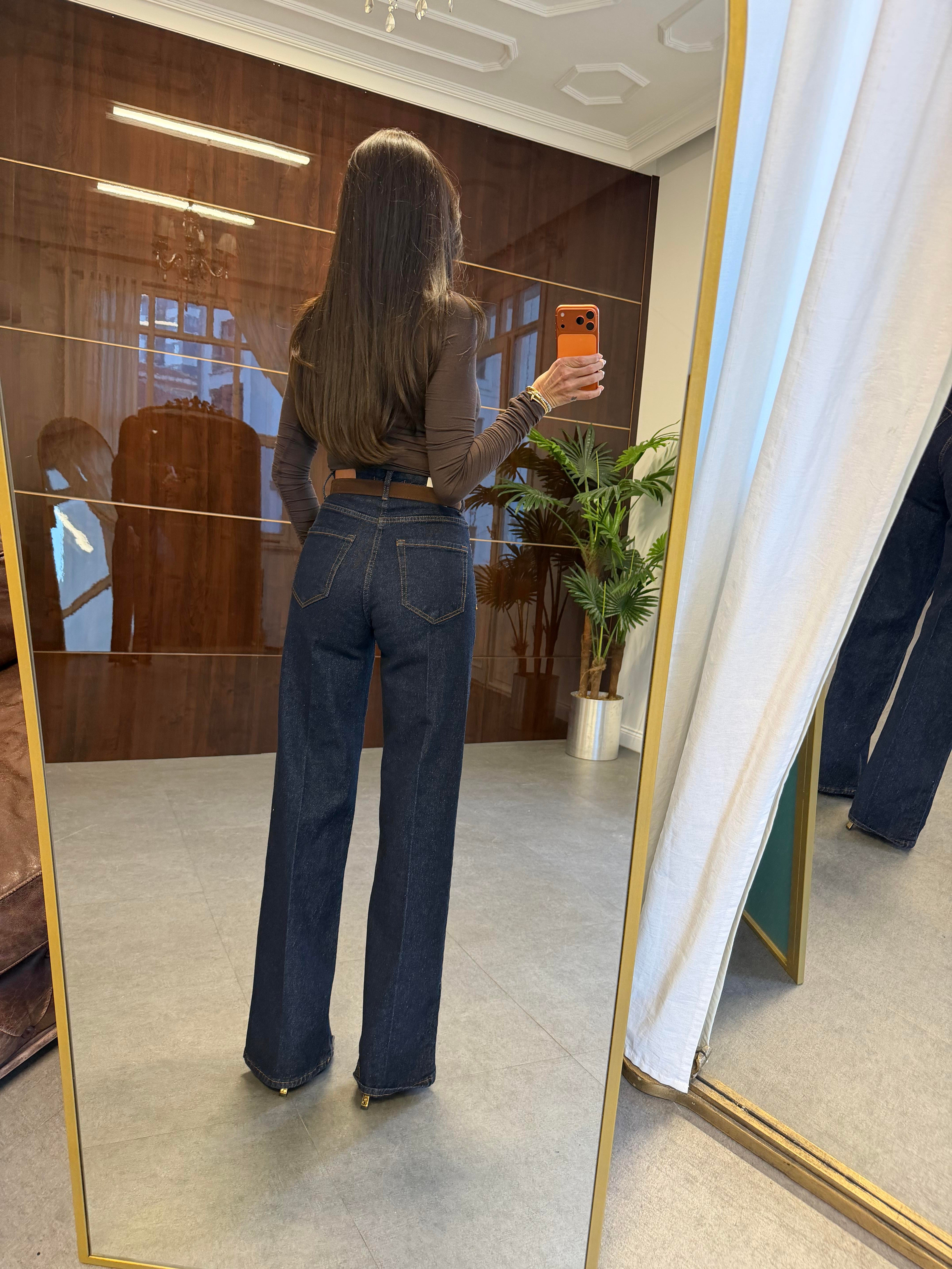 Lacivert Süet Kemerli Wide-Leg Jean Pantolon