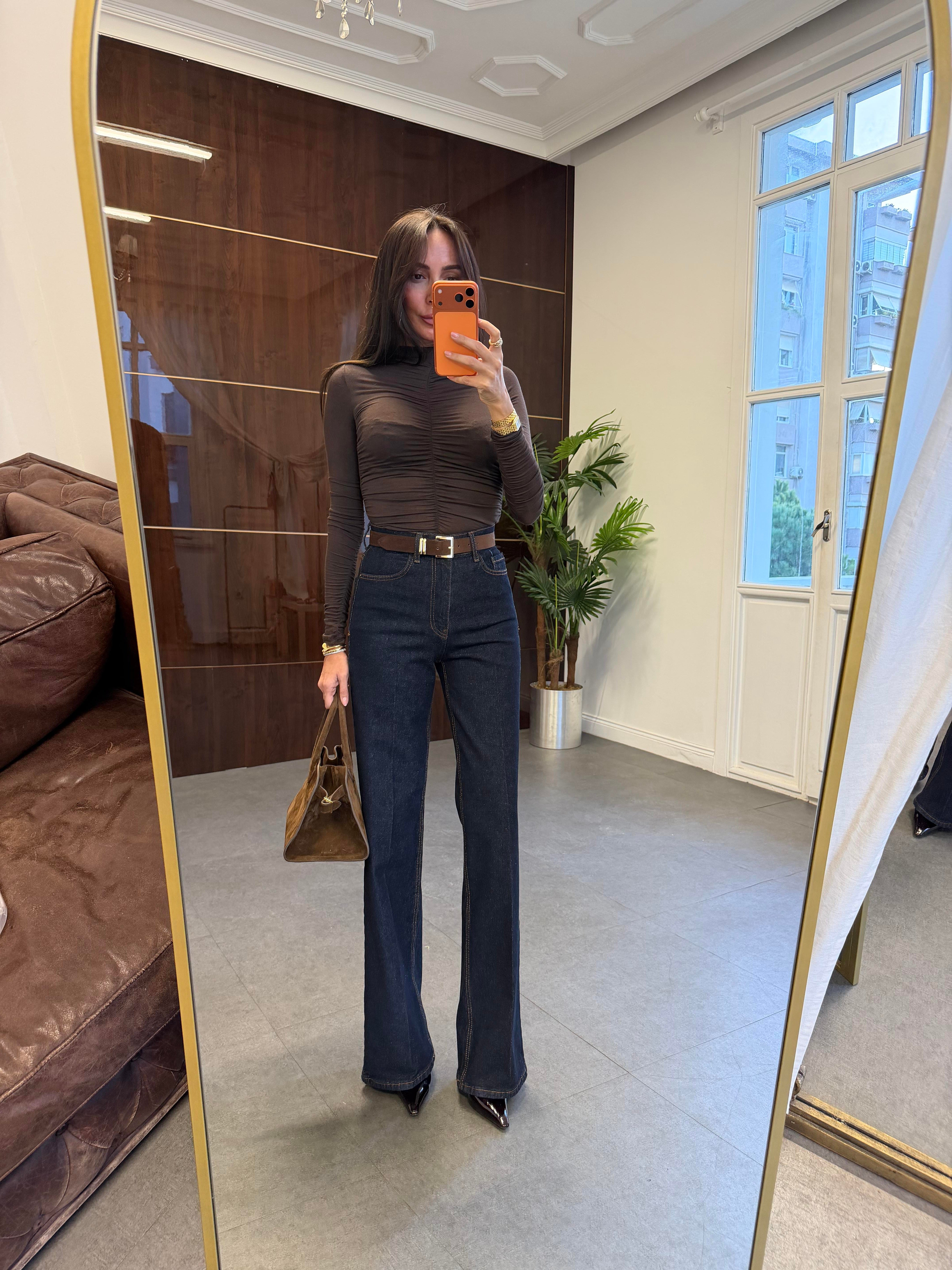 Lacivert Süet Kemerli Wide-Leg Jean Pantolon