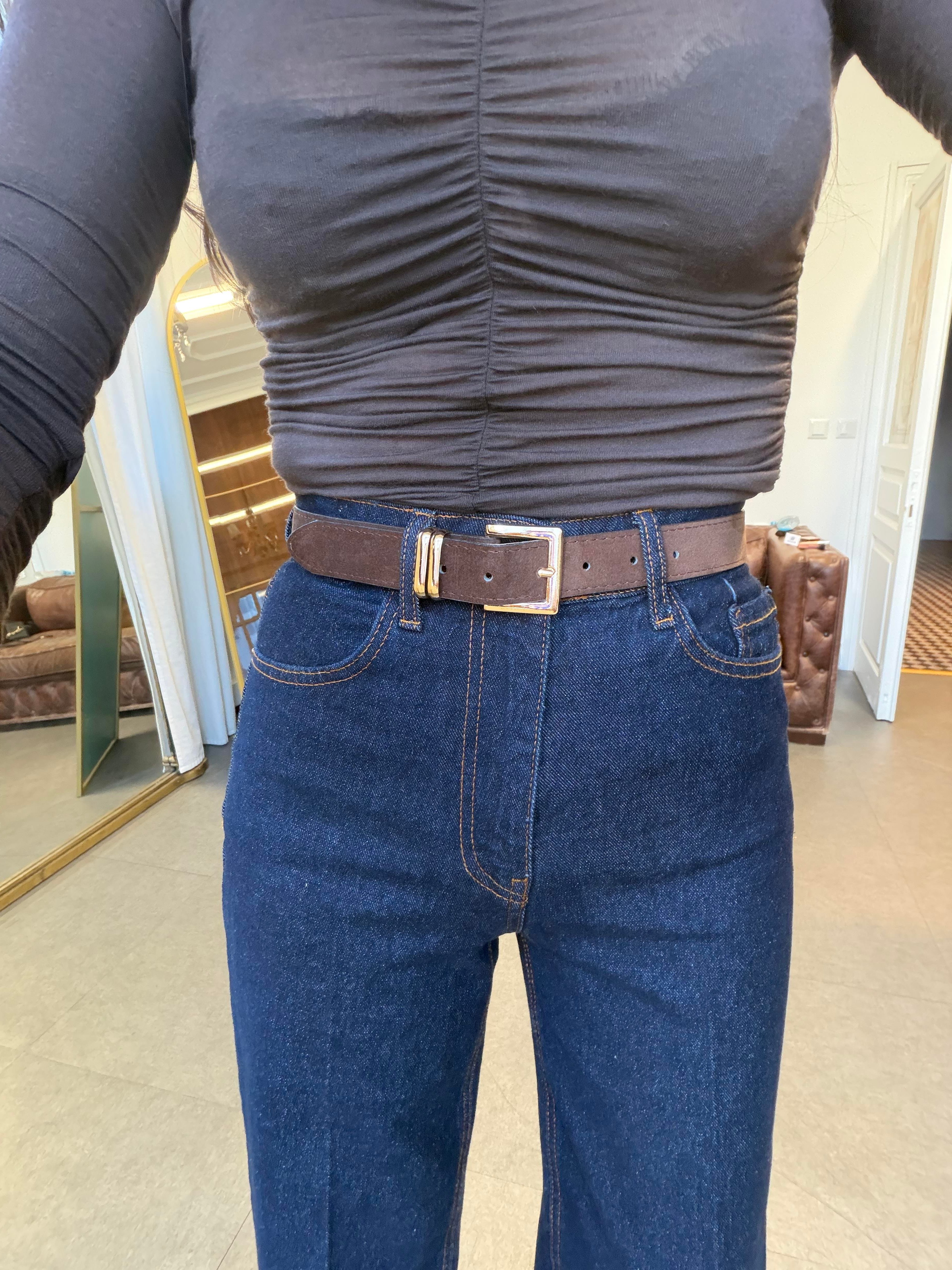 Lacivert Süet Kemerli Wide-Leg Jean Pantolon