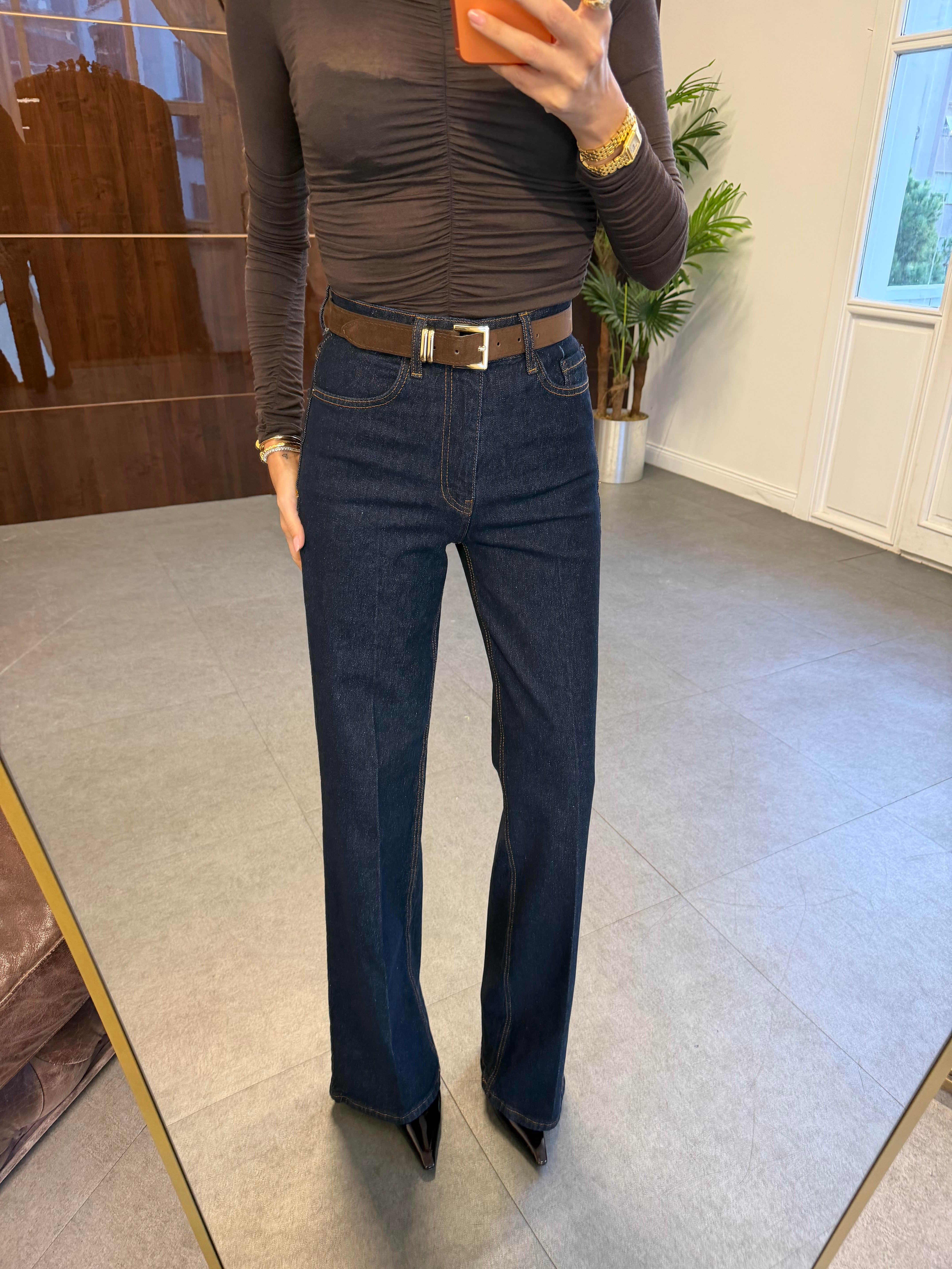 Lacivert Süet Kemerli Wide-Leg Jean Pantolon