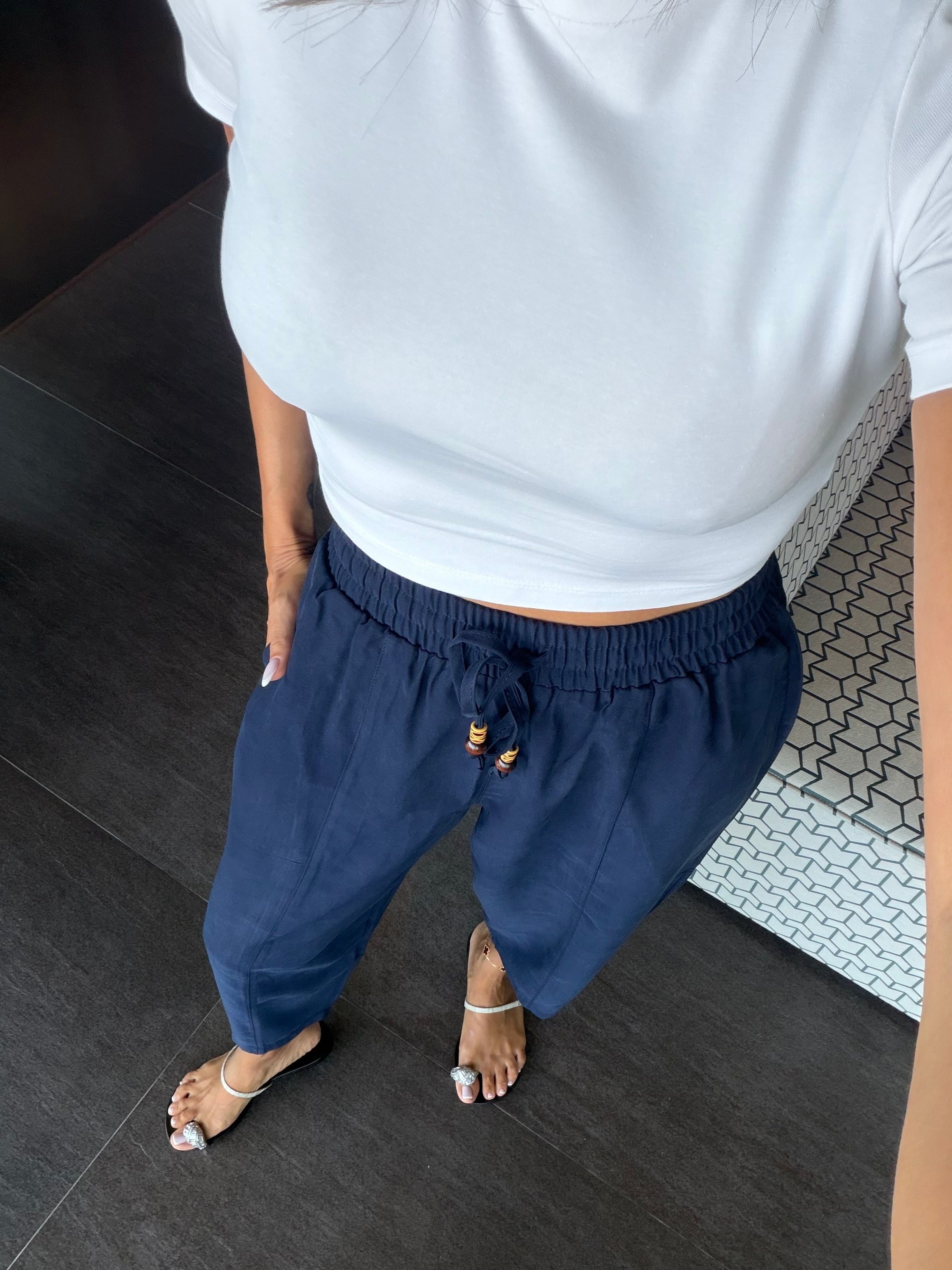Lacivert Tencel Bağcıklı Kumaş Pantolon