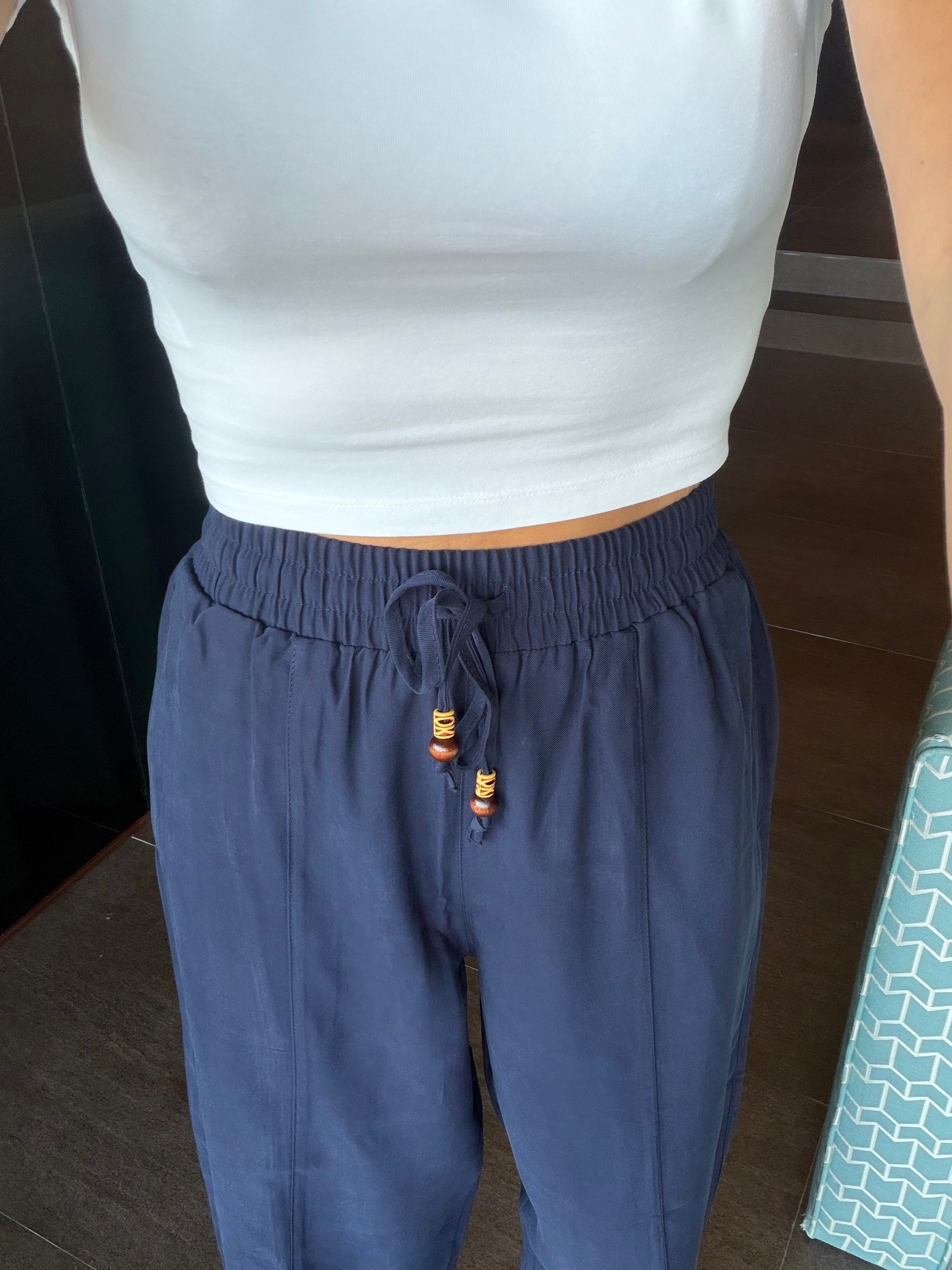 Lacivert Tencel Bağcıklı Kumaş Pantolon