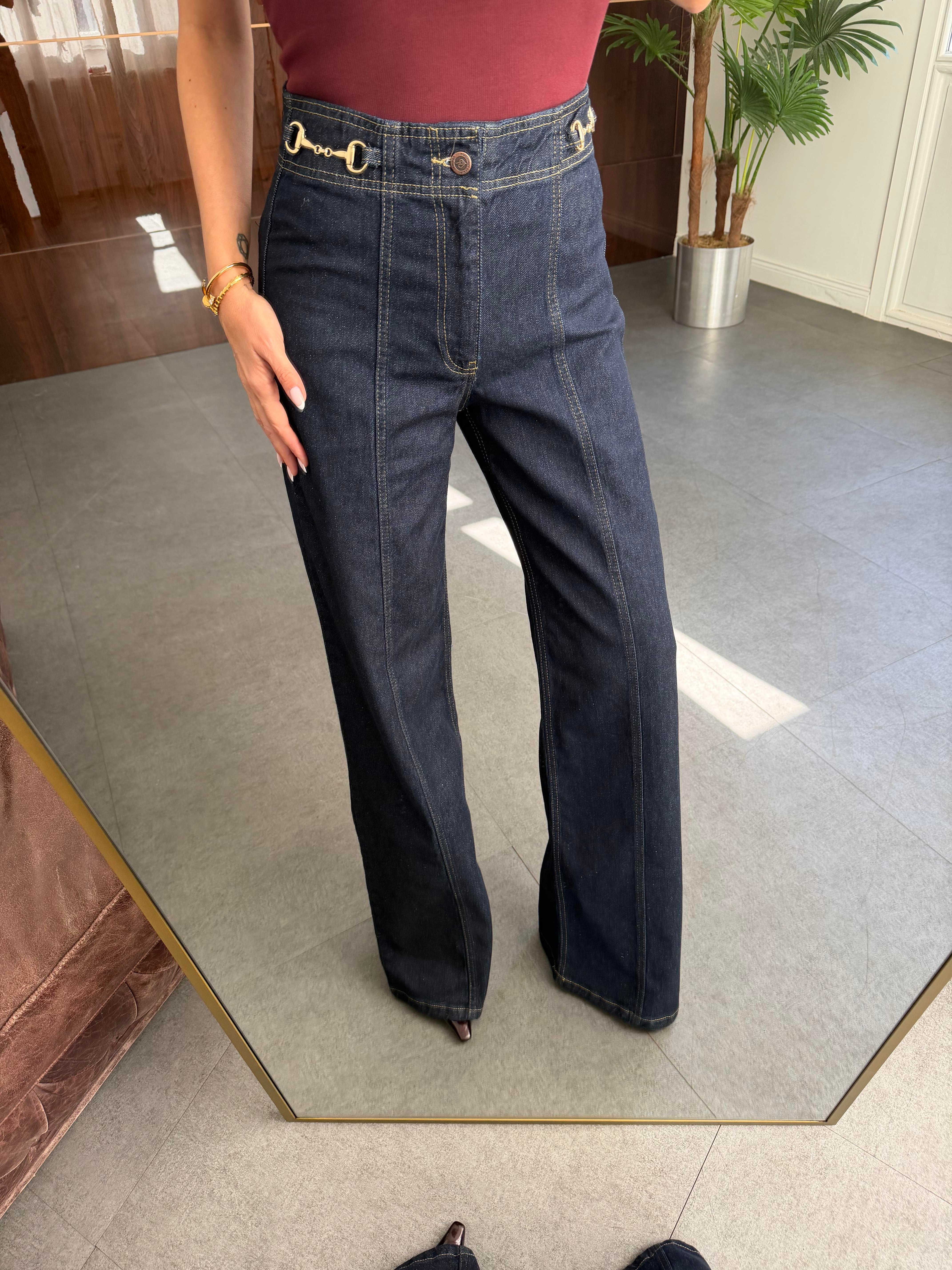 Lacivert Tokalı Wide Leg Jean Pantolon