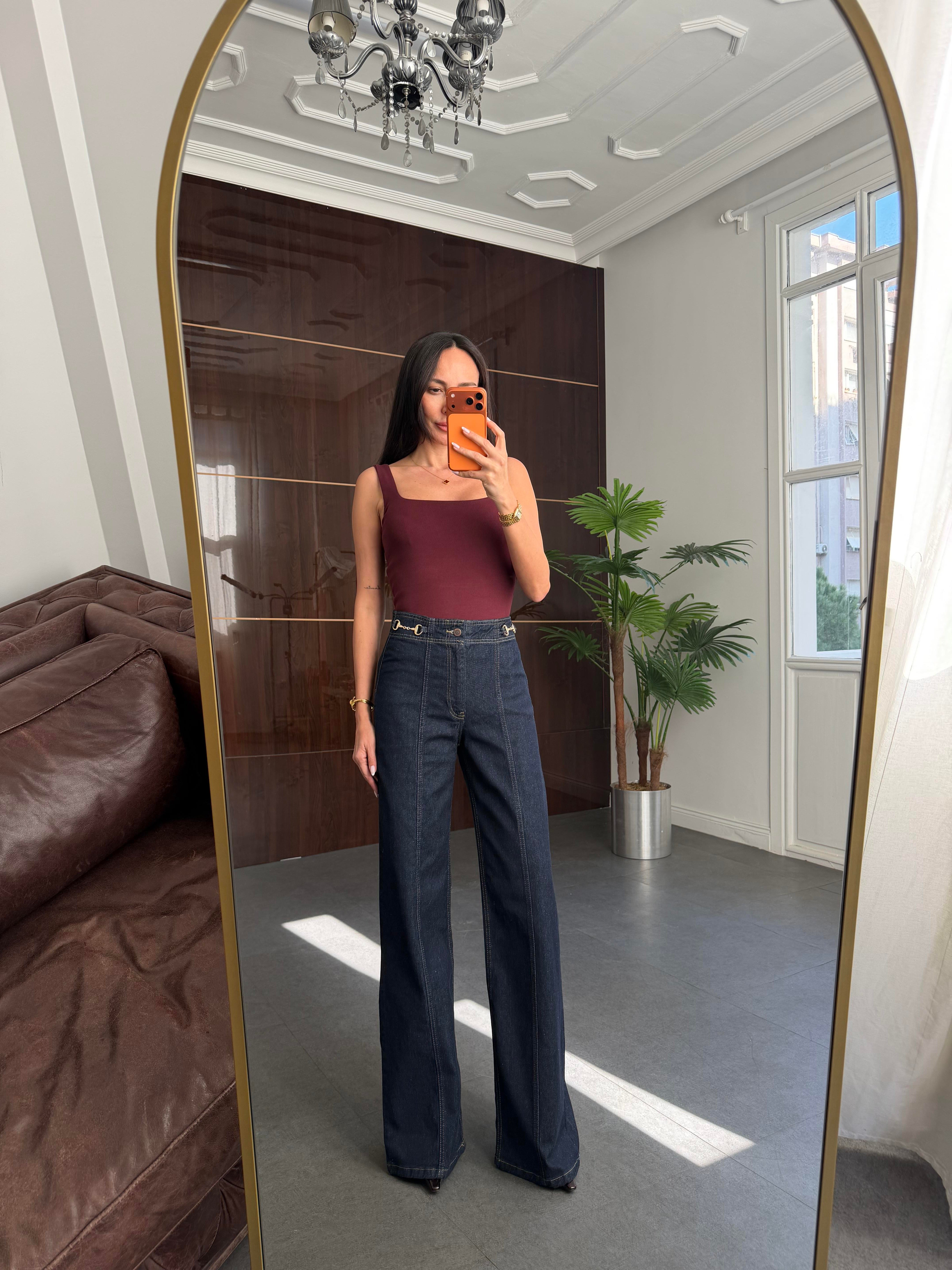 Lacivert Tokalı Wide Leg Jean Pantolon