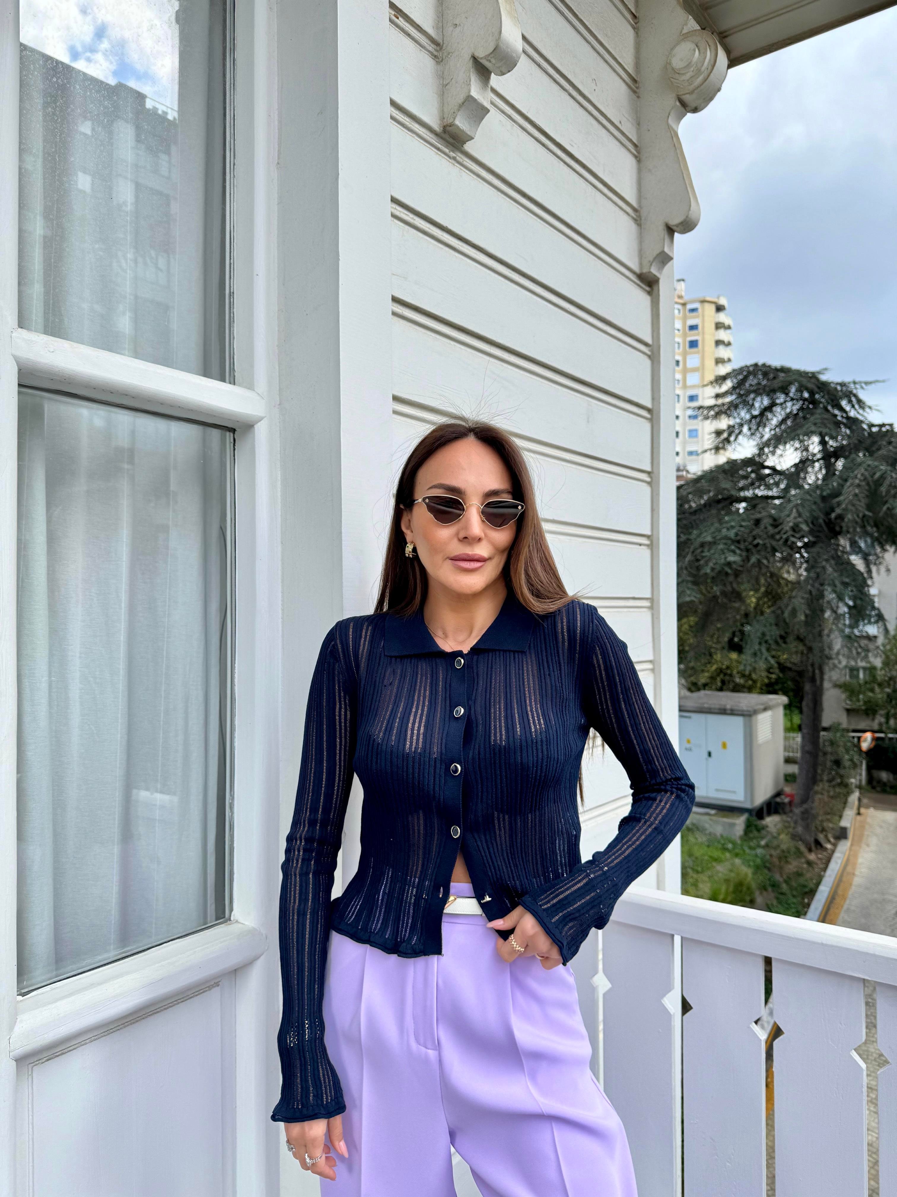 Lacivert Transparan Polo Yaka Düğmeli Hırka